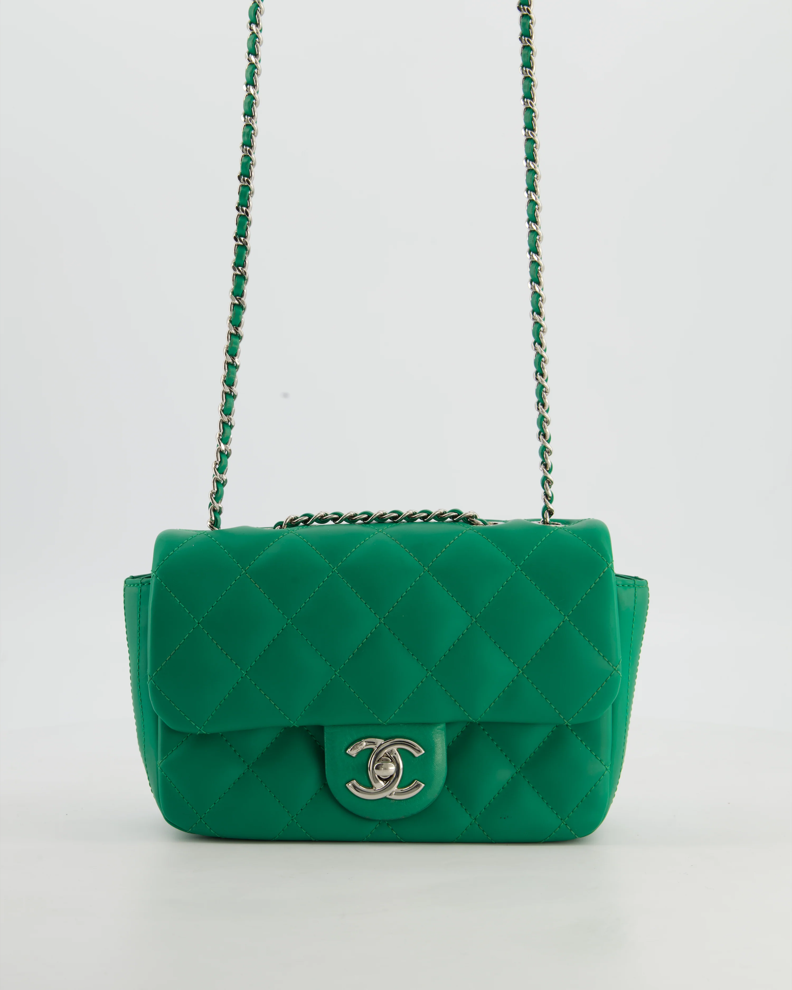 Chanel Small Coco Rain Flap Bag in Green Quilted Lambskin Leather & Fabric with Silver Hardware with Removable Rain Cover - Image 6