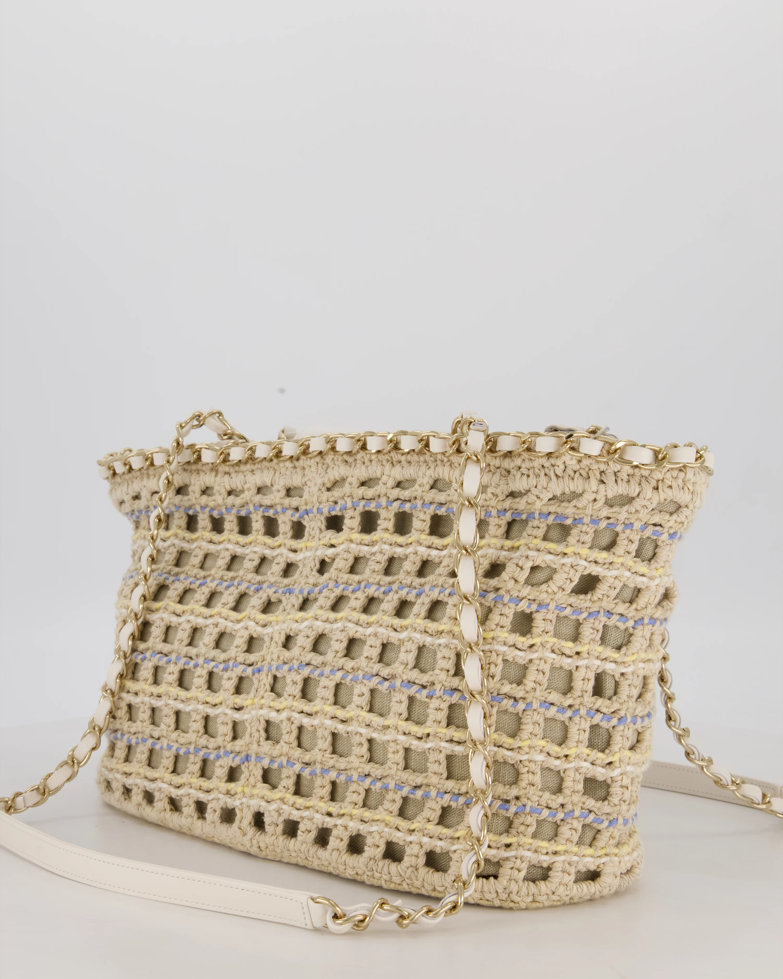 Chanel Small Cotton Crochet Cruise Tote Bag In Beige with Champagne Hardware - Image 8