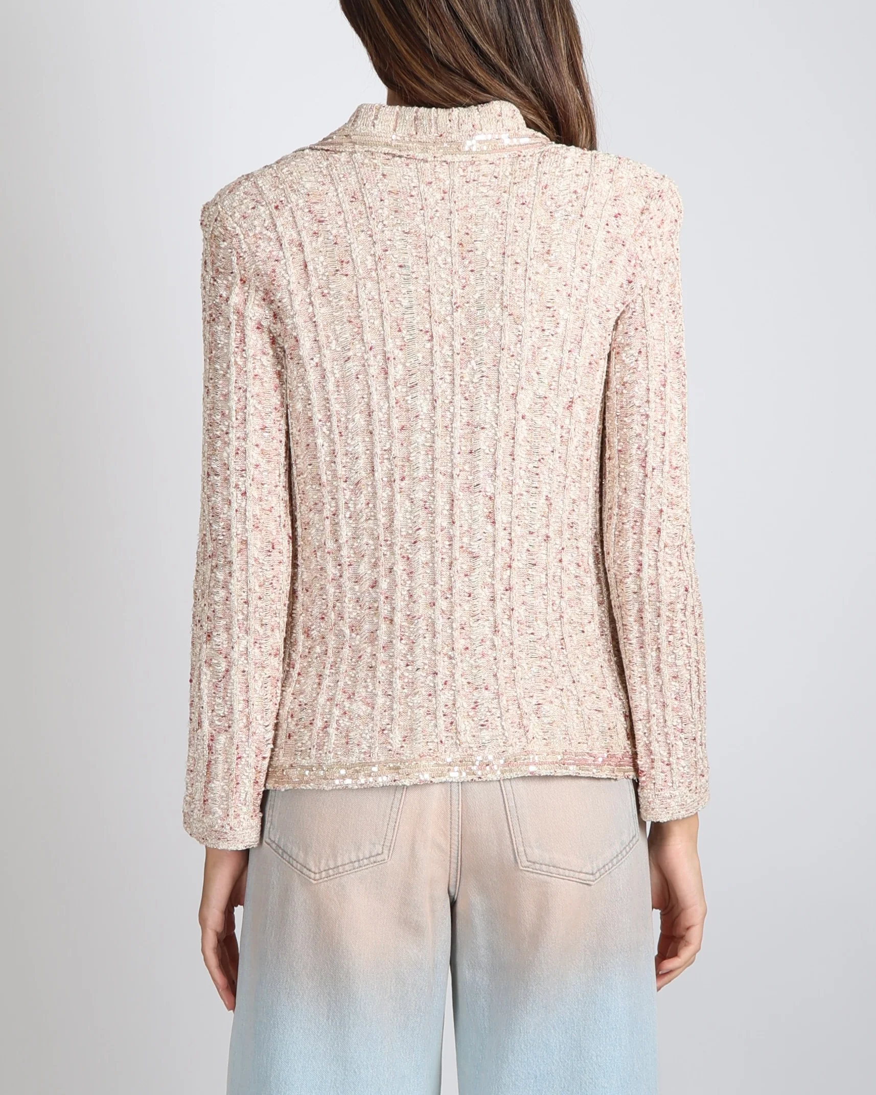 Chanel Spring 2006 Beige, Gold and Pink Knit Cardigan with Sequin Embellishments and Crystal CC Logo Button Size FR 40 (UK 12) - Image 3