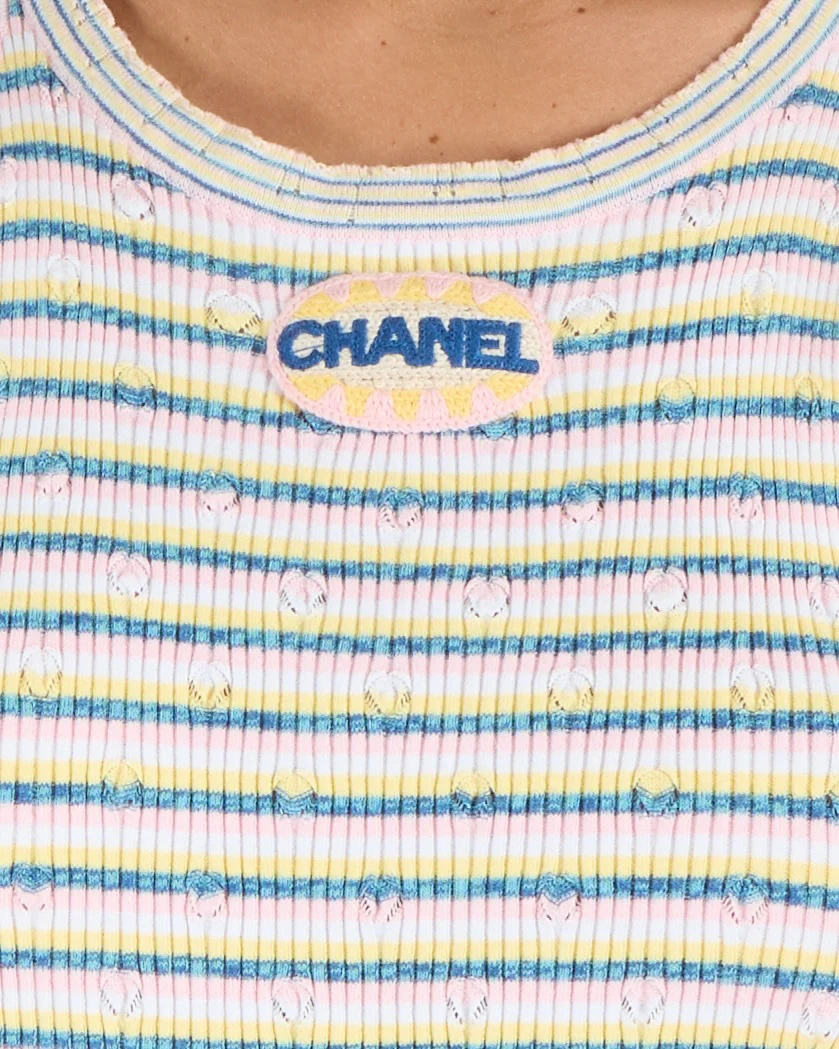 Chanel Spring 2025 Pink, Blue and Yellow Striped Knit Mini Dress with Crochet Front Logo Patch Detail Size FR 40 (UK 12) - Image 3