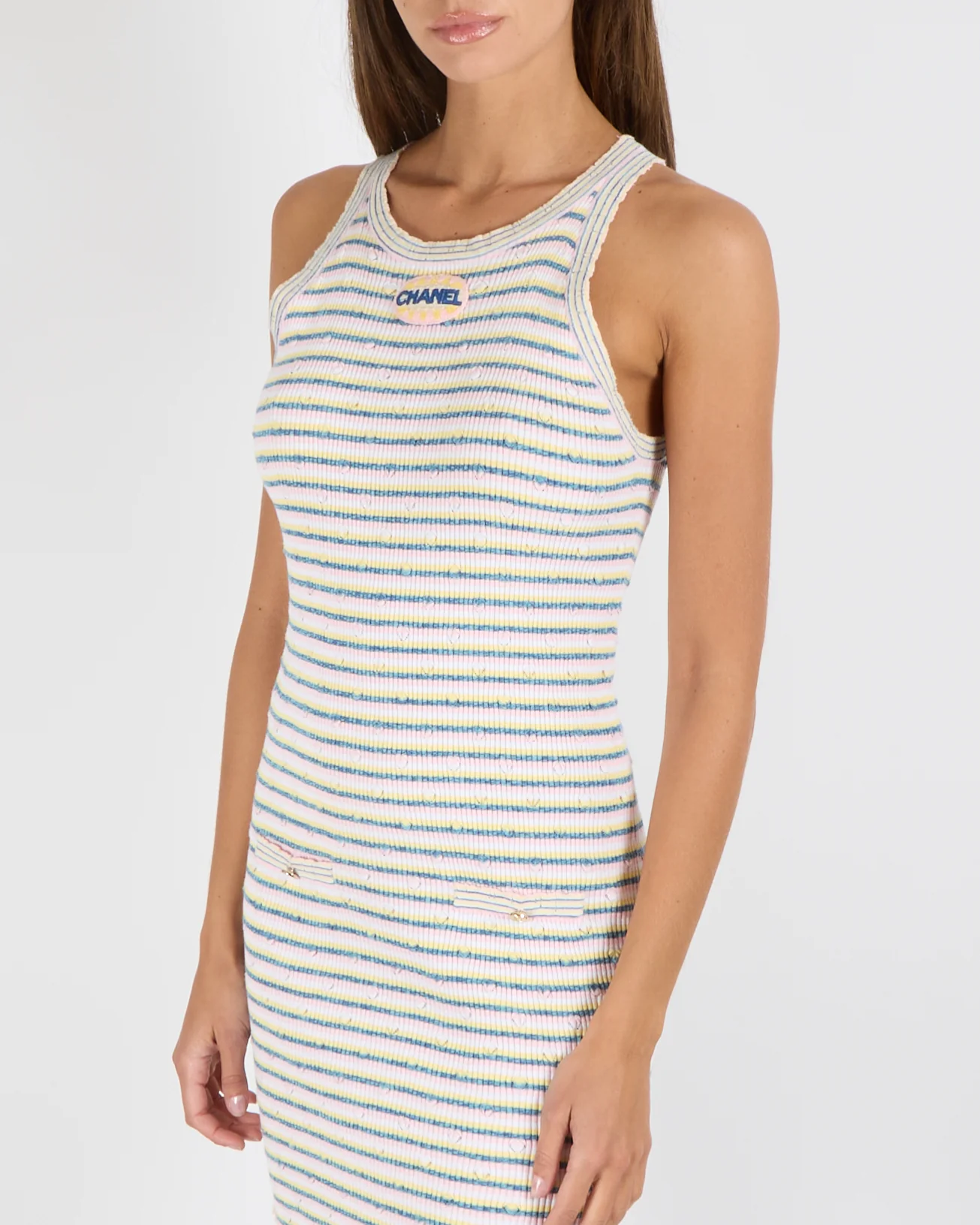Chanel Spring 2025 Pink, Blue and Yellow Striped Knit Mini Dress with Crochet Front Logo Patch Detail Size FR 40 (UK 12) - Image 4