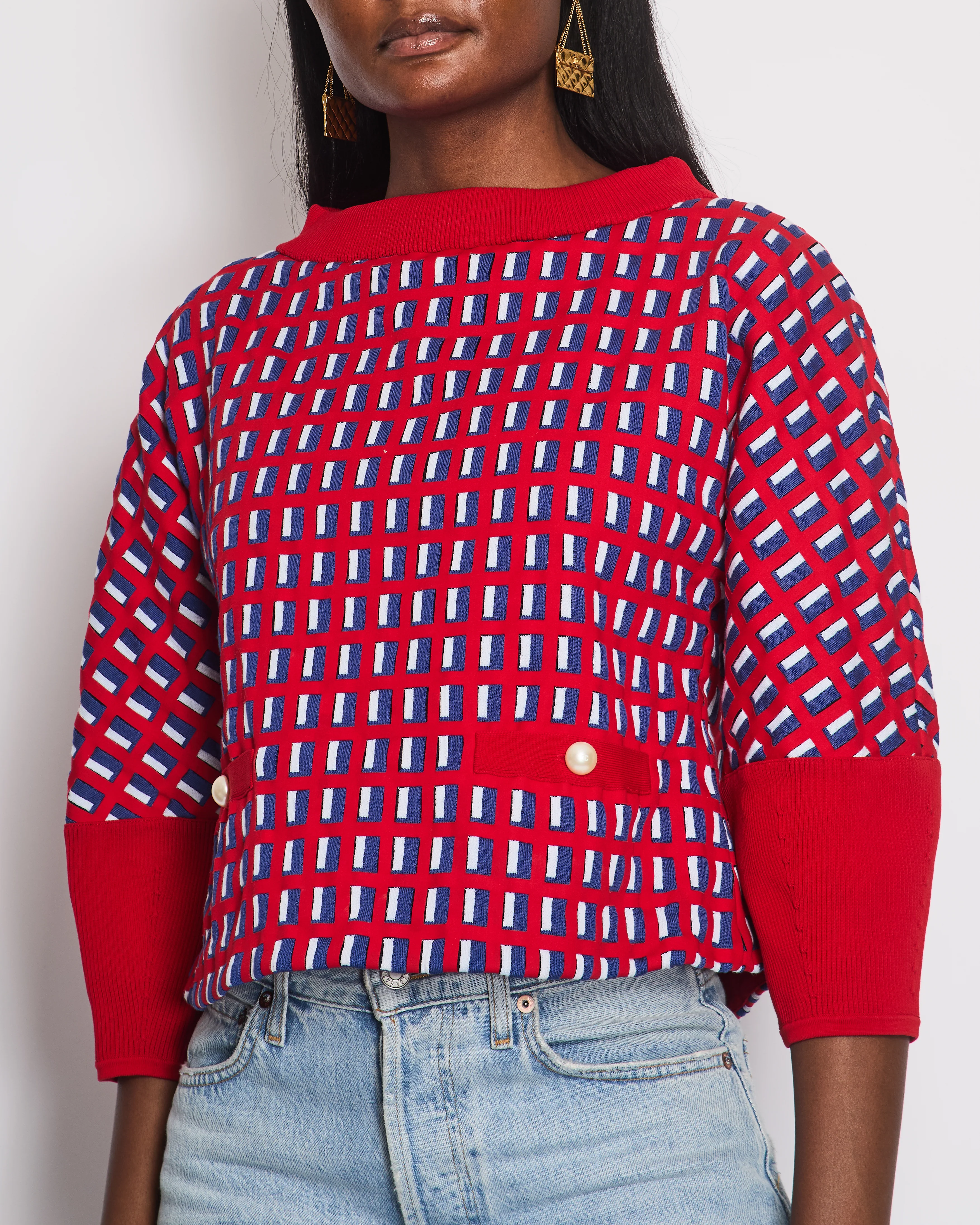 Chanel SS13 Red Knit Jumper with Pearl Pockets & Blue and White Window Detail Size FR 36 (UK 8) - Image 2
