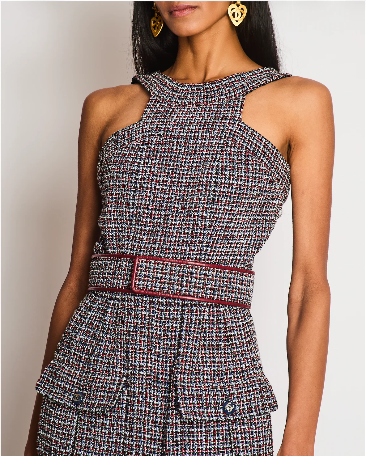 Chanel SS15 Black, Red, Blue and White Tweed Set With Cropped Jacket and Dress With Matching Belt and CC Logo Buttons Details Size FR 36/38 (UK 8/10) - Image 3