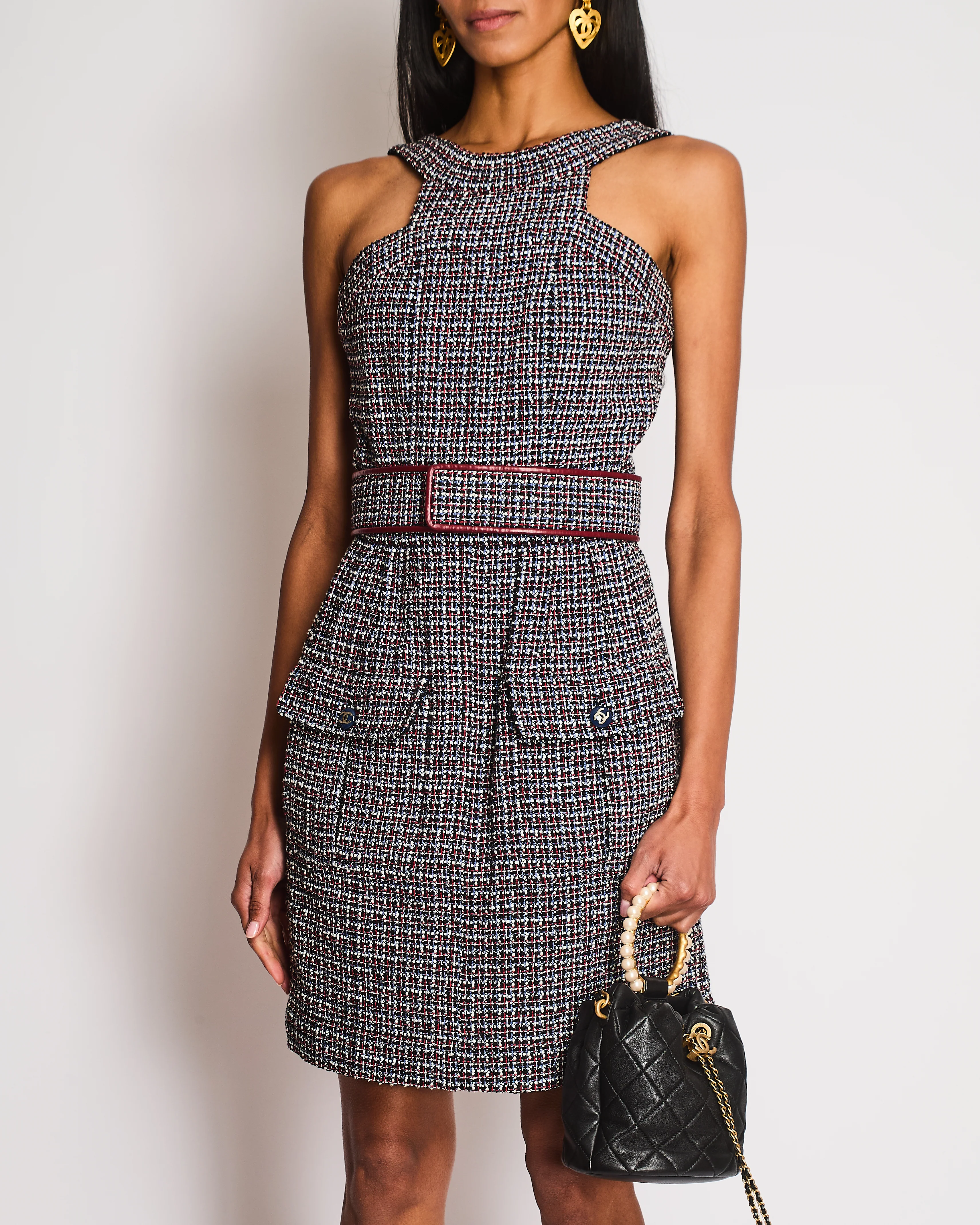 Chanel SS15 Black, Red, Blue and White Tweed Set With Cropped Jacket and Dress With Matching Belt and CC Logo Buttons Details Size FR 36/38 (UK 8/10) - Image 4