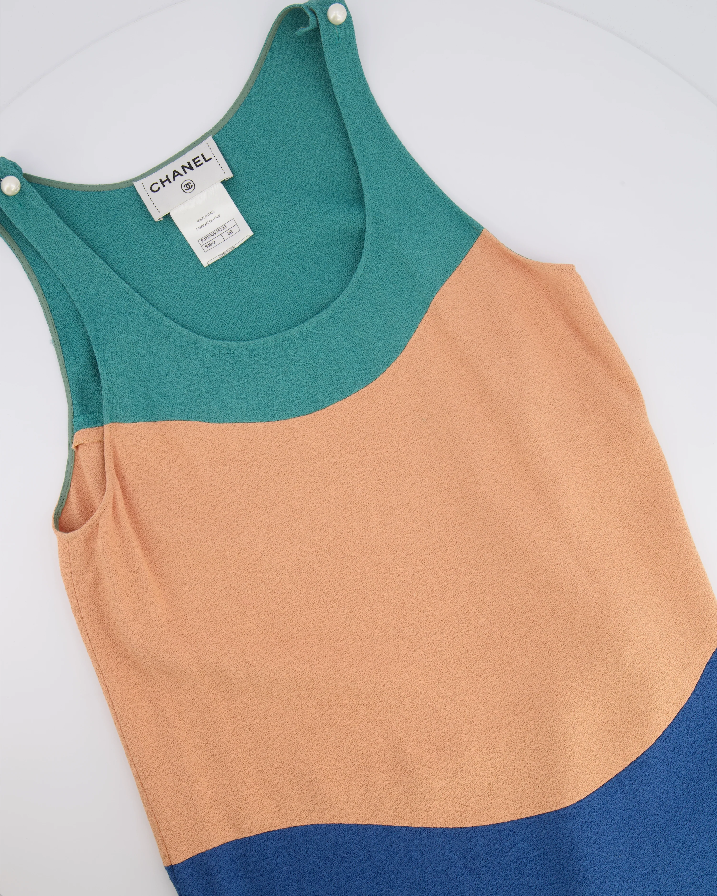 Chanel 14P Teal, Orange and Blue Sleeveless Top with White CC Logo Pearl Details Size FR 36 (UK 8) - Image 4