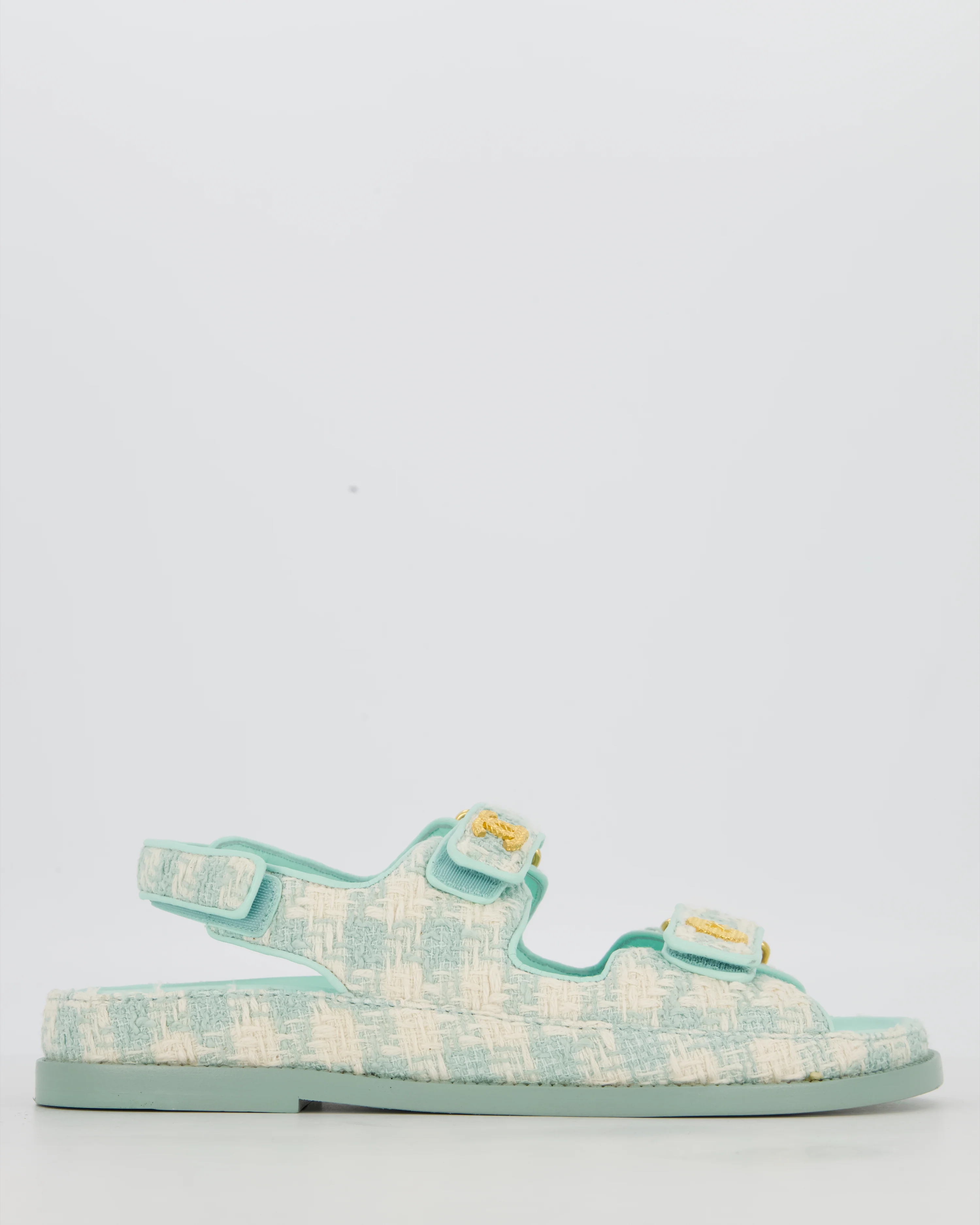 Chanel Turquoise and Cream Tweed Dad Sandals with Textured Gold GG Logo Details Size EU 38.5
