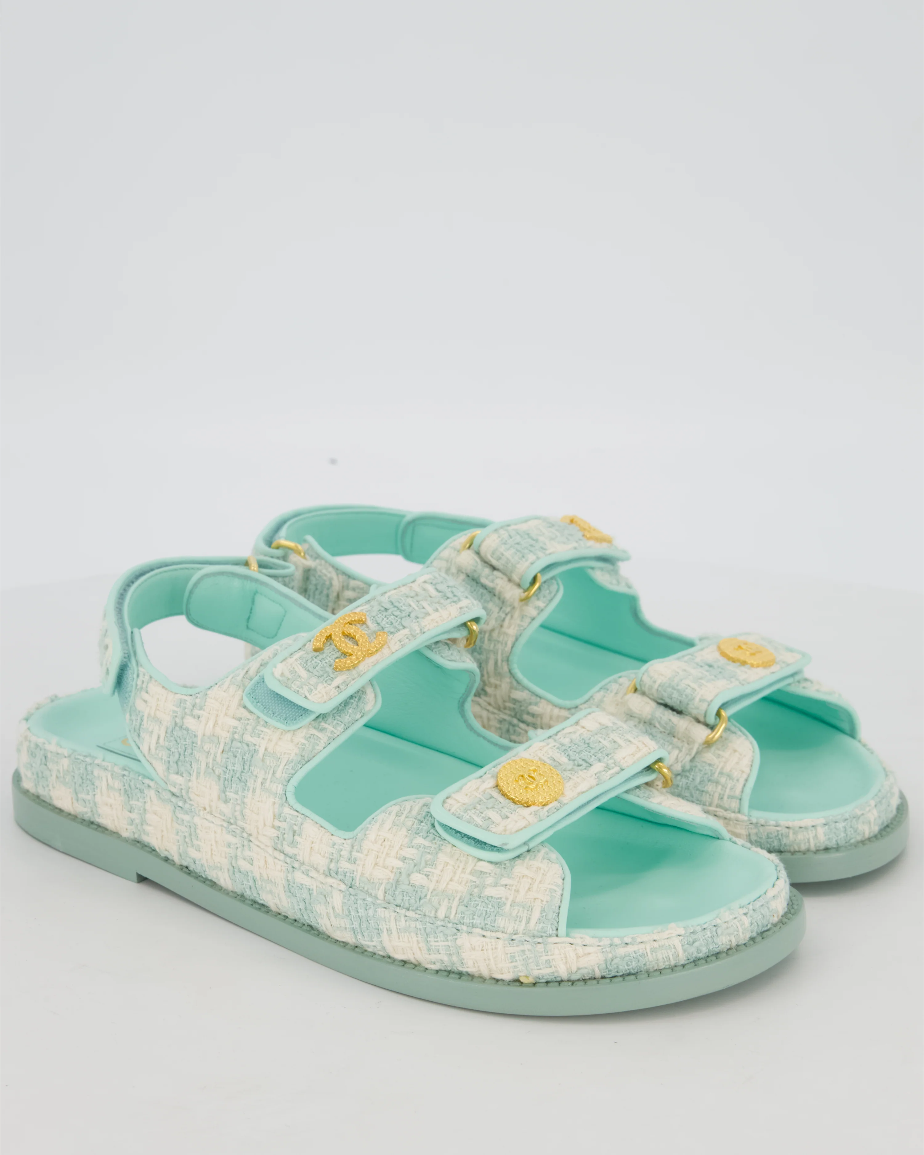 Chanel Turquoise and Cream Tweed Dad Sandals with Textured Gold GG Logo Details Size EU 38.5 - Image 2
