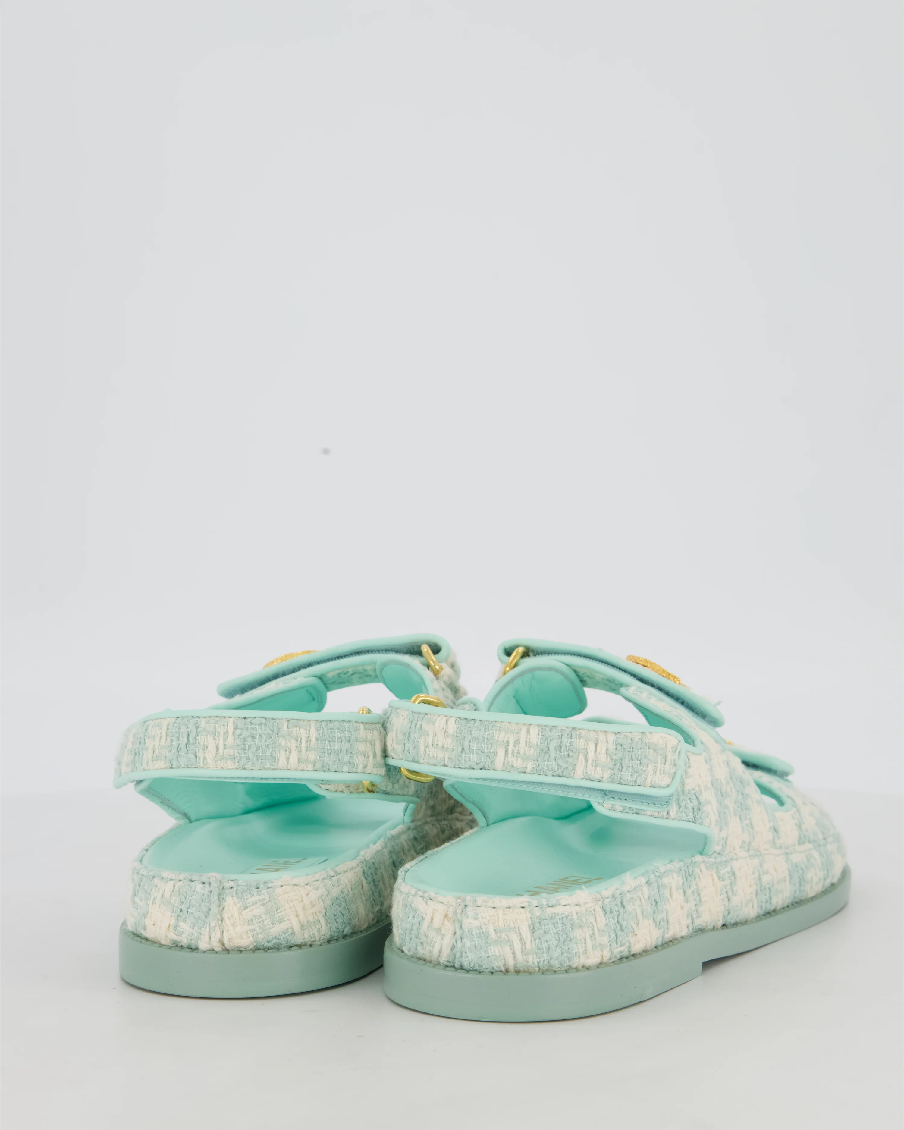 Chanel Turquoise and Cream Tweed Dad Sandals with Textured Gold GG Logo Details Size EU 38.5 - Image 3