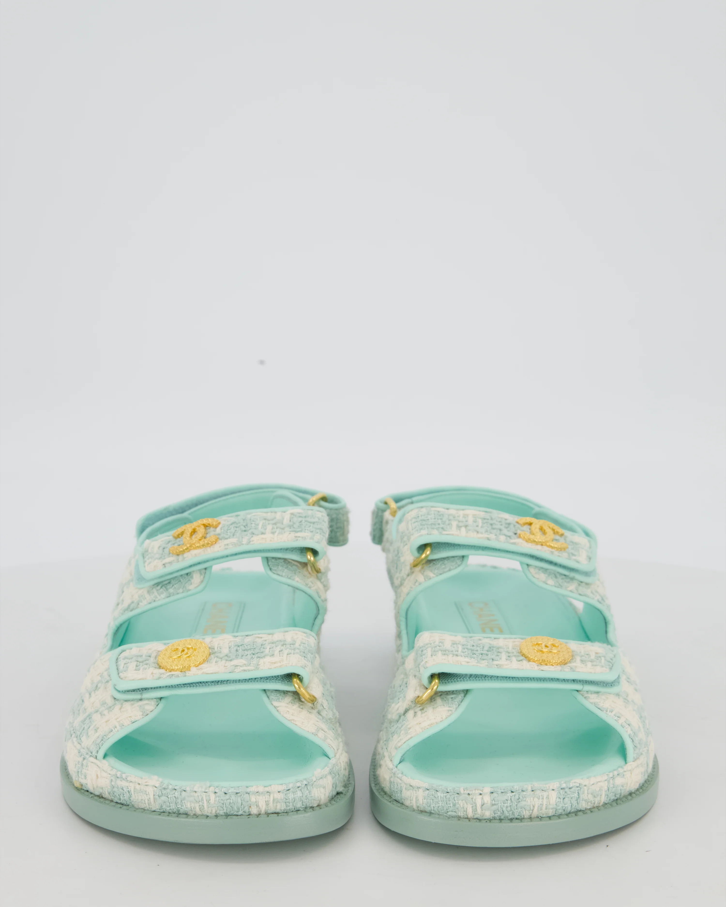 Chanel Turquoise and Cream Tweed Dad Sandals with Textured Gold GG Logo Details Size EU 38.5 - Image 4