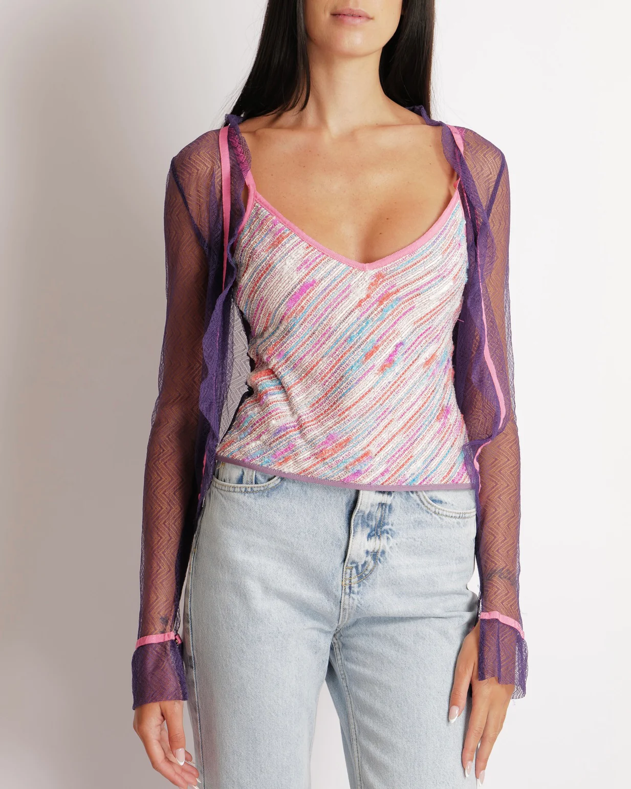Chanel Vintage 03C Purple Lace Gilet and Multi-Colour Top Set with Pink Trims and See-Through Back Detail Size FR 38 (UK 10) - Image 2