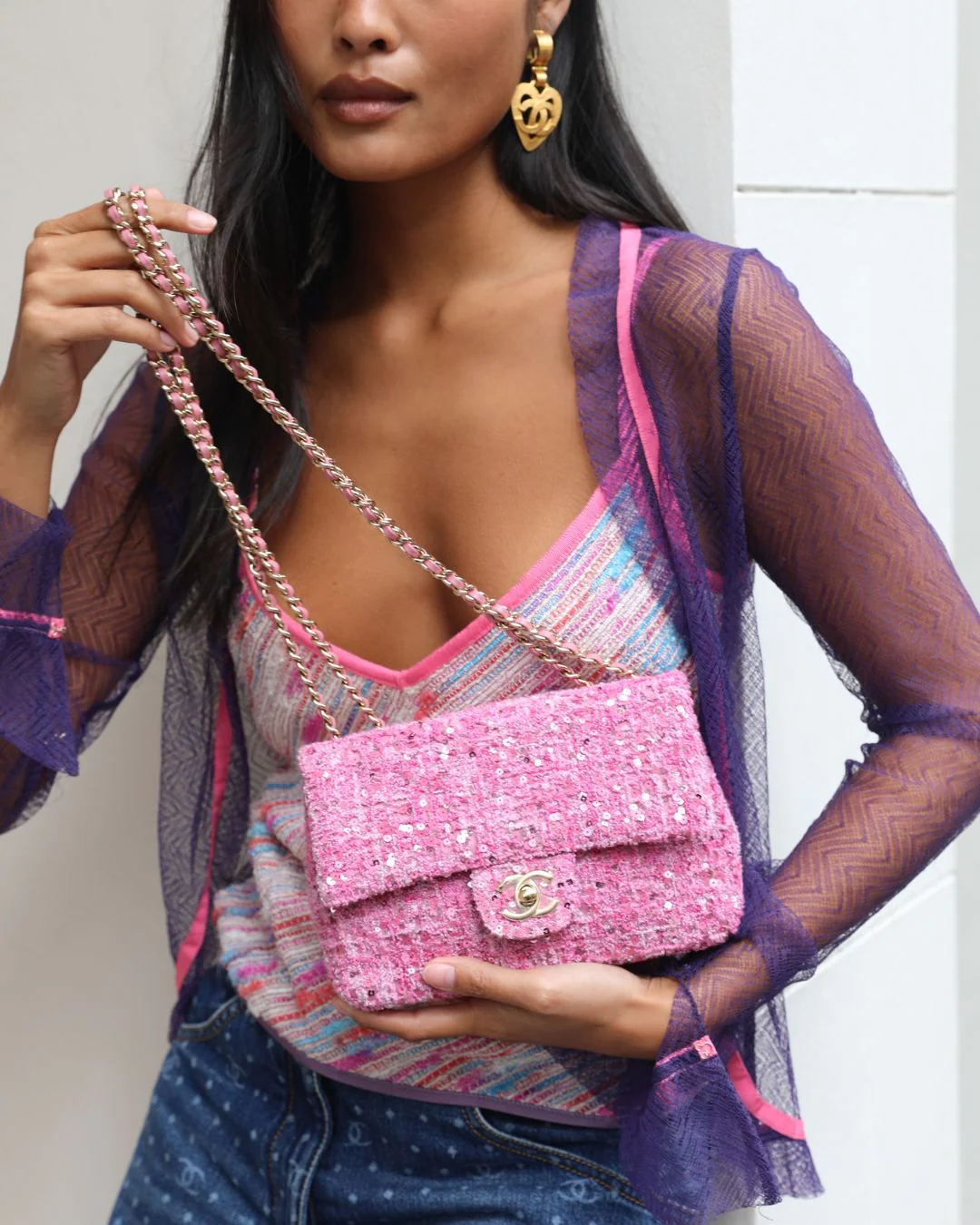 Chanel Vintage 03C Purple Lace Gilet and Multi-Colour Top Set with Pink Trims and See-Through Back Detail Size FR 38 (UK 10) - Image 3