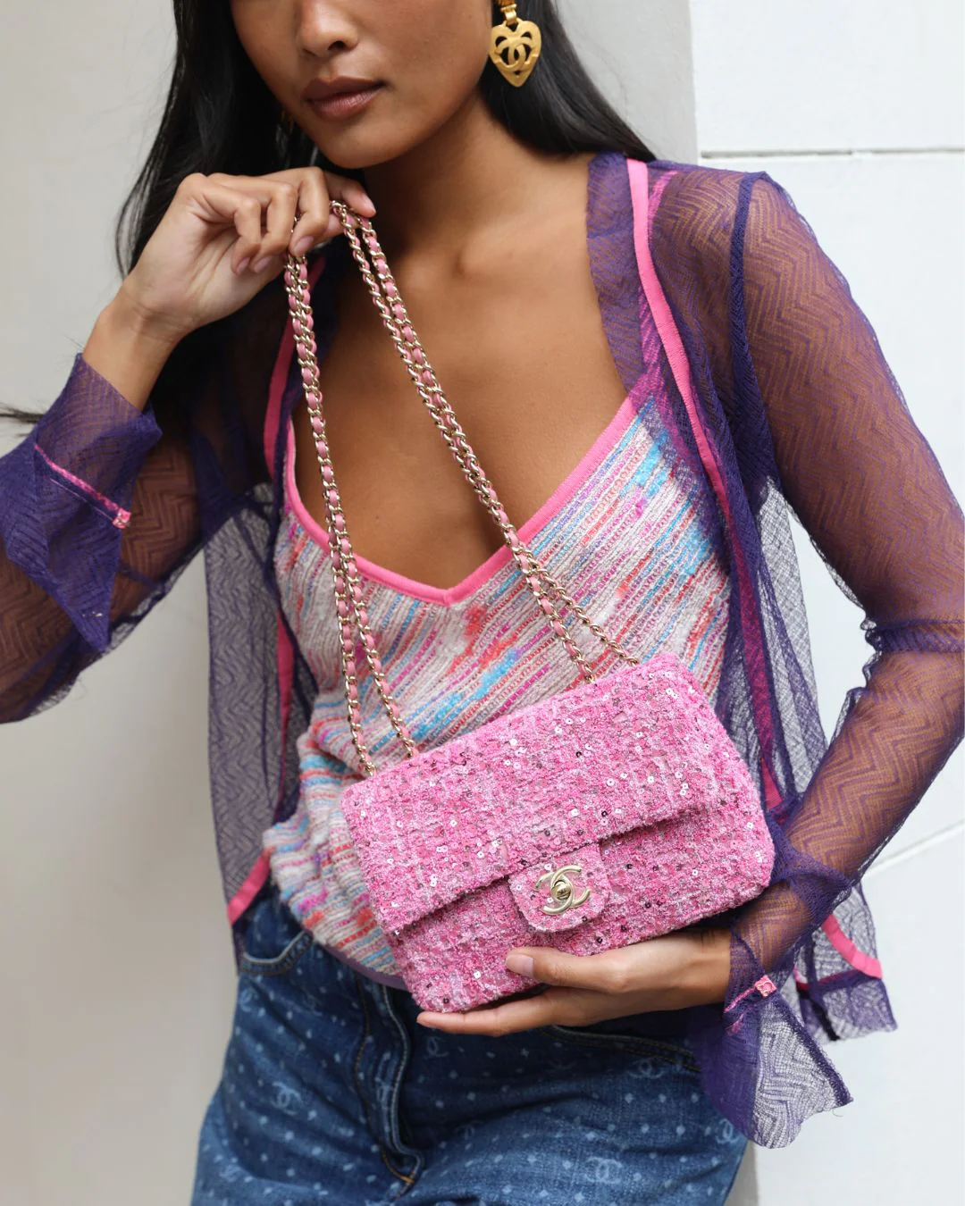 Chanel Vintage 03C Purple Lace Gilet and Multi-Colour Top Set with Pink Trims and See-Through Back Detail Size FR 38 (UK 10) - Image 4