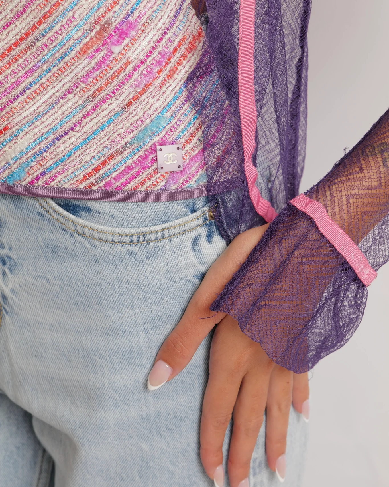 Chanel Vintage 03C Purple Lace Gilet and Multi-Colour Top Set with Pink Trims and See-Through Back Detail Size FR 38 (UK 10) - Image 5