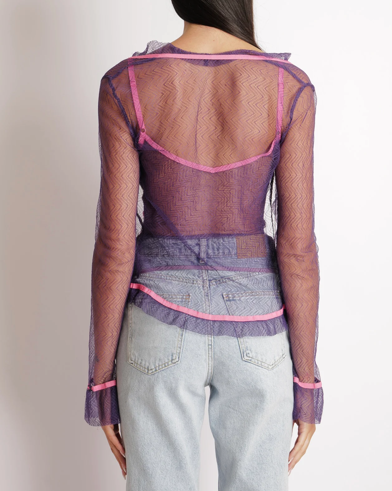 Chanel Vintage 03C Purple Lace Gilet and Multi-Colour Top Set with Pink Trims and See-Through Back Detail Size FR 38 (UK 10) - Image 6