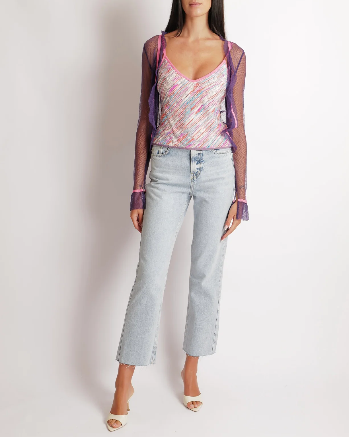Chanel Vintage 03C Purple Lace Gilet and Multi-Colour Top Set with Pink Trims and See-Through Back Detail Size FR 38 (UK 10) - Image 7