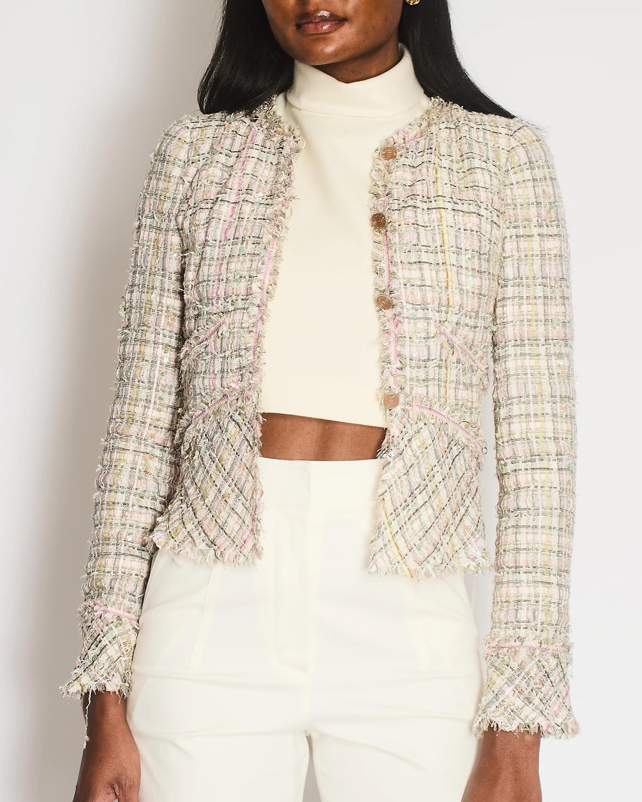 Chanel Vintage 05P Pastel Pink, Purple and Green Tweed Jacket with Coco CC Buttons Size FR 34 (UK 6) - Image 3