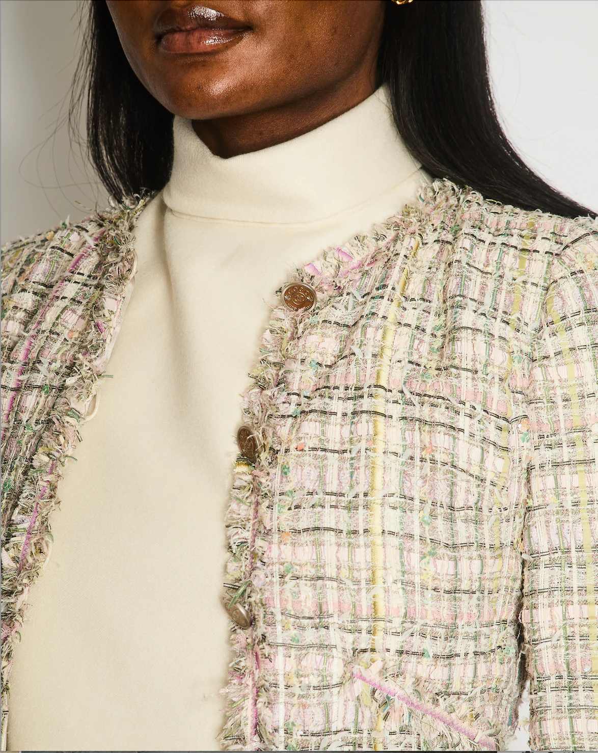 Chanel Vintage 05P Pastel Pink, Purple and Green Tweed Jacket with Coco CC Buttons Size FR 34 (UK 6) - Image 4