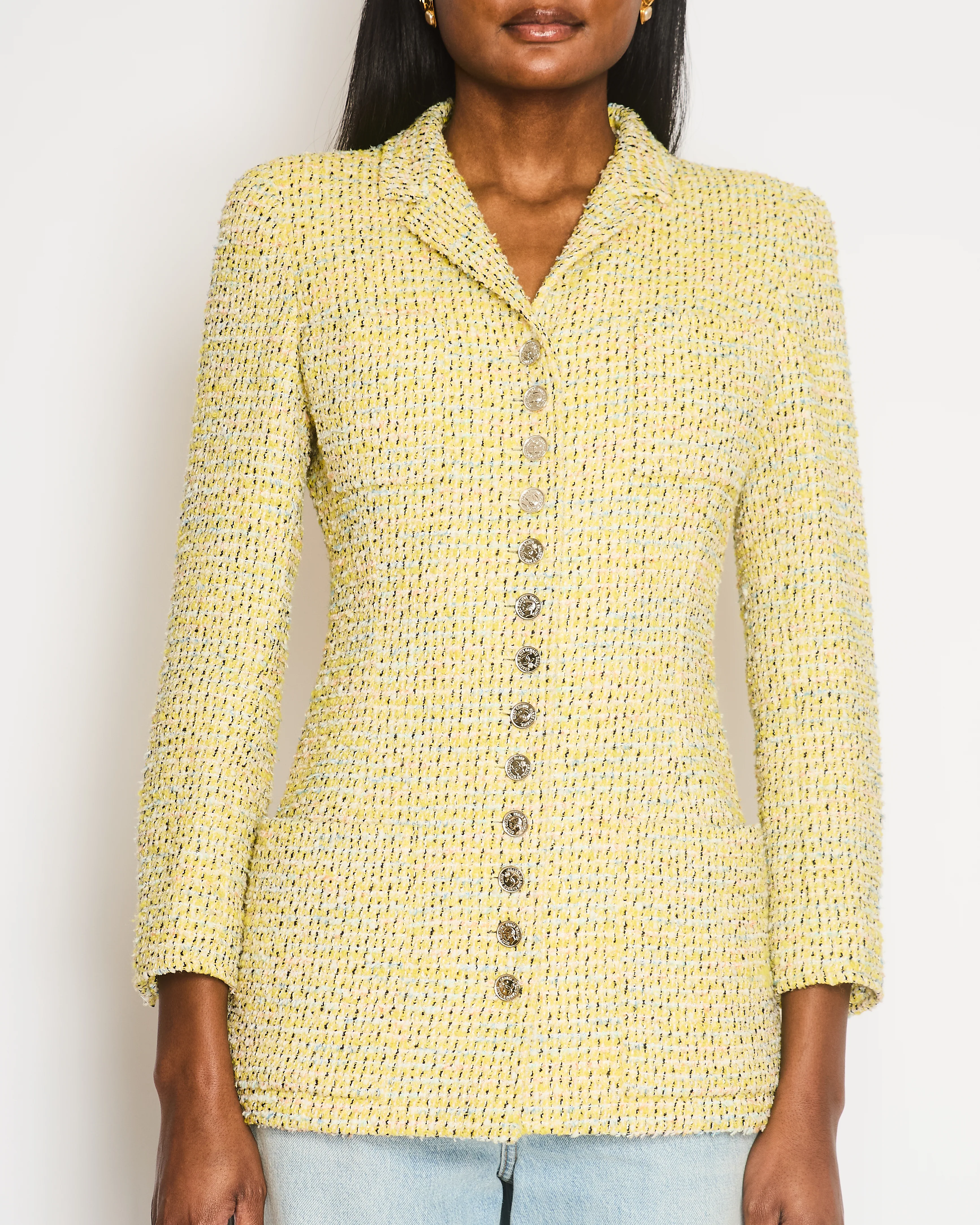 Chanel Vintage 96P Yellow and Multi-Colour Tweed Jacket with Silver Polished CC Logo Buttons and Front Pocket Details Size FR 38 (UK 10) - Image 2