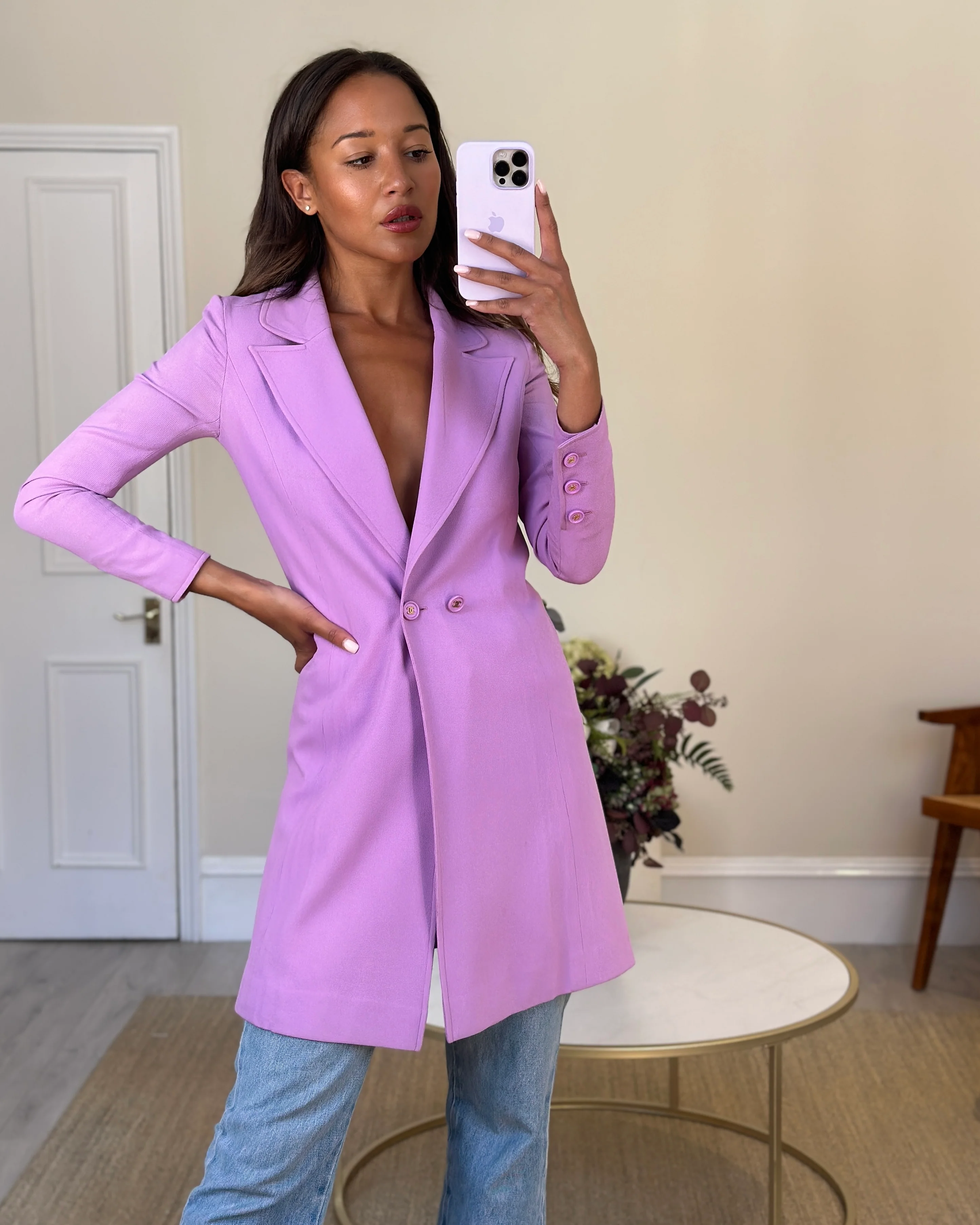 Chanel Vintage 97/P Lilac Longline Blazer with CC Button Detail Size FR 38 (UK 10) - Image 10