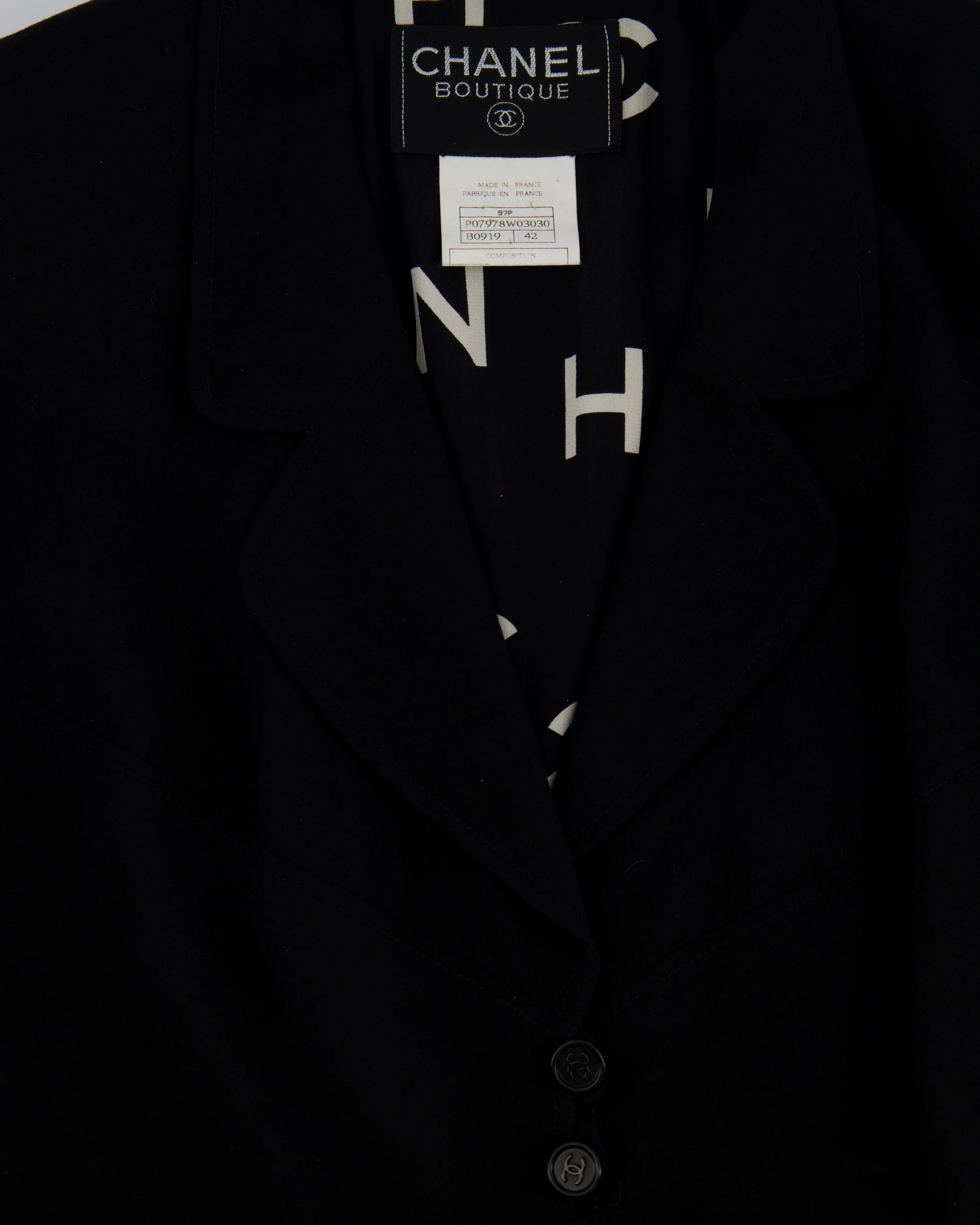Chanel Vintage Runway 97/S Black, White CC Logo Slip Dress and Jacket Set with CC Chanel Button Size FR 42 (UK 14) - Image 13