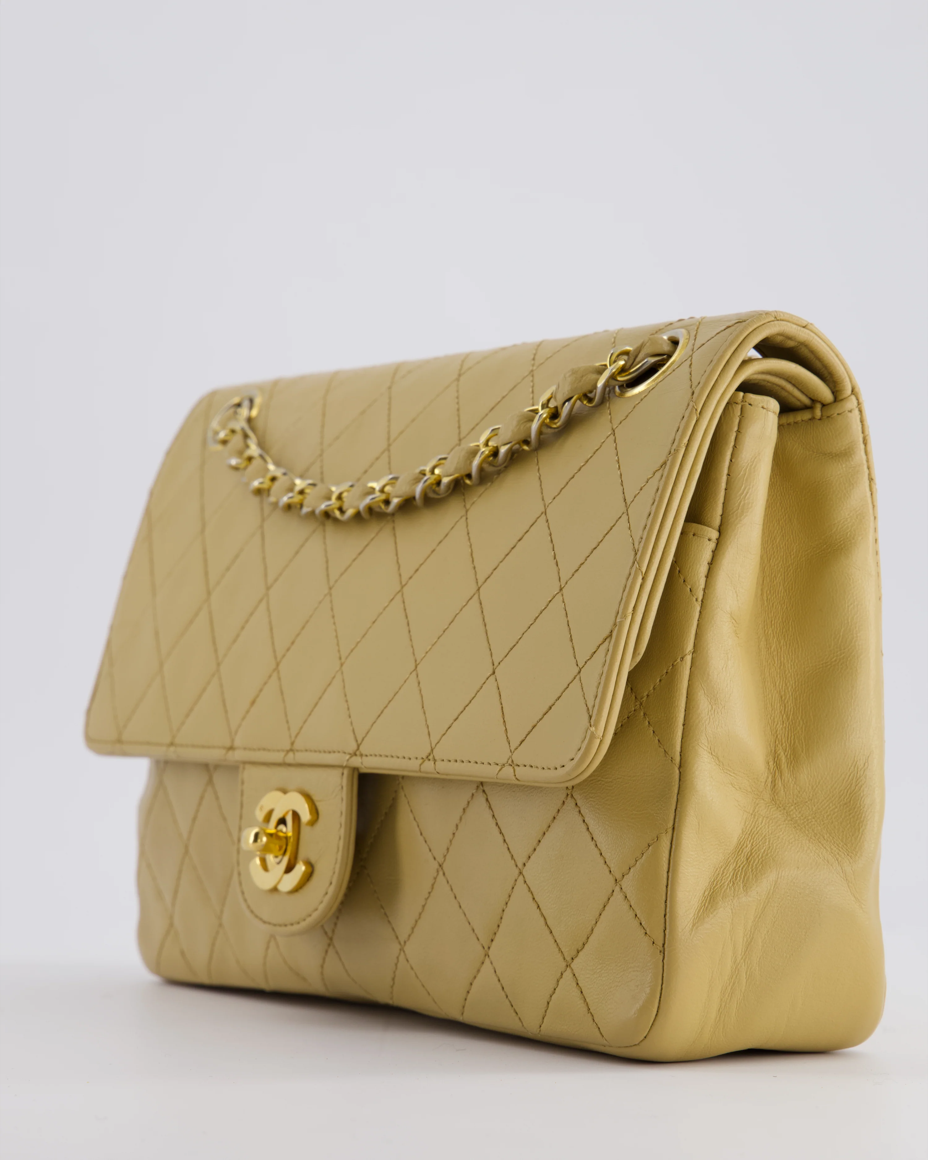 *FIRE PRICE* Chanel Vintage Chai Beige Classic Medium Stitched Edge Double Flap Bag in Lambskin Leather with 24K Gold Hardware - Image 10