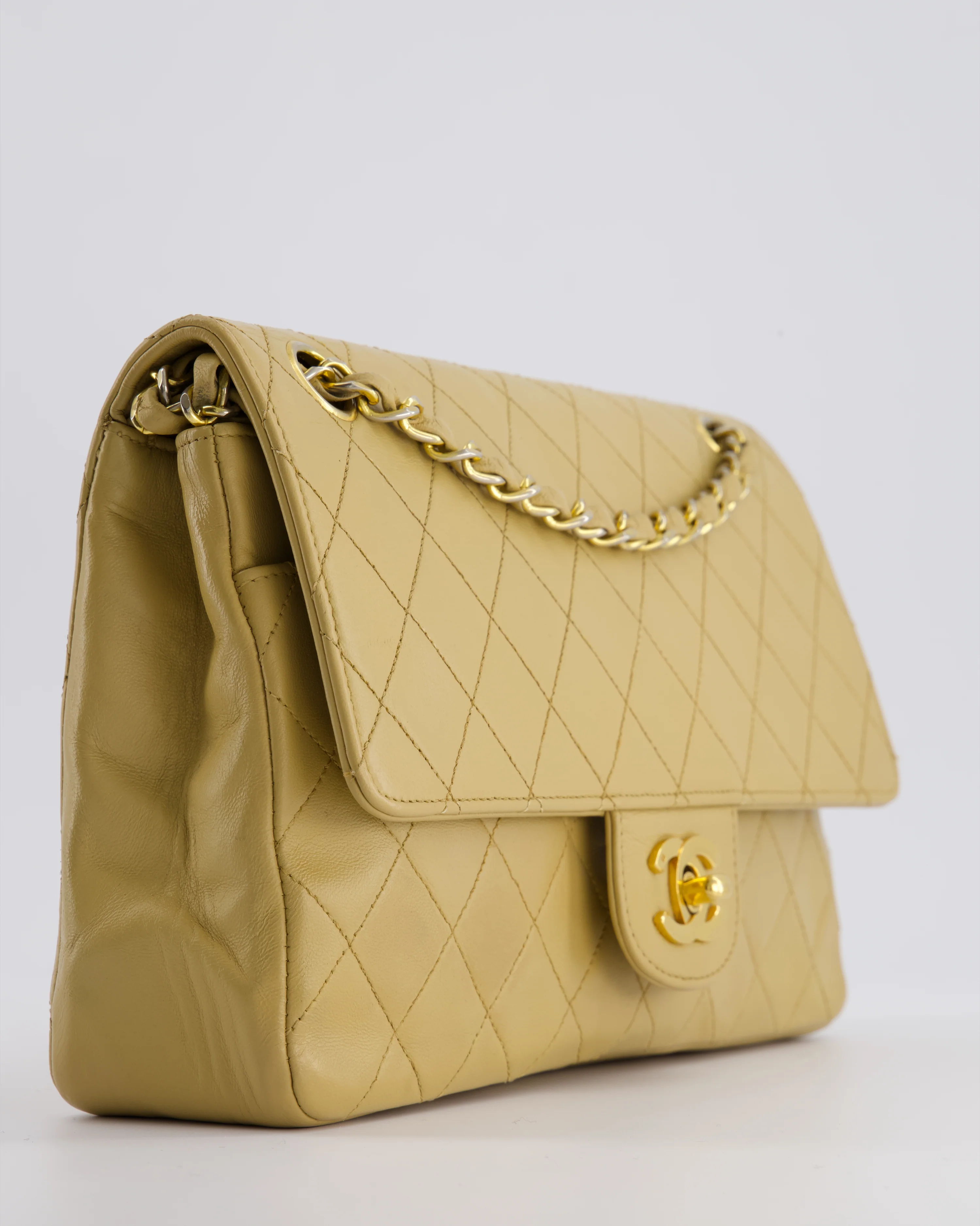 *FIRE PRICE* Chanel Vintage Chai Beige Classic Medium Stitched Edge Double Flap Bag in Lambskin Leather with 24K Gold Hardware - Image 9