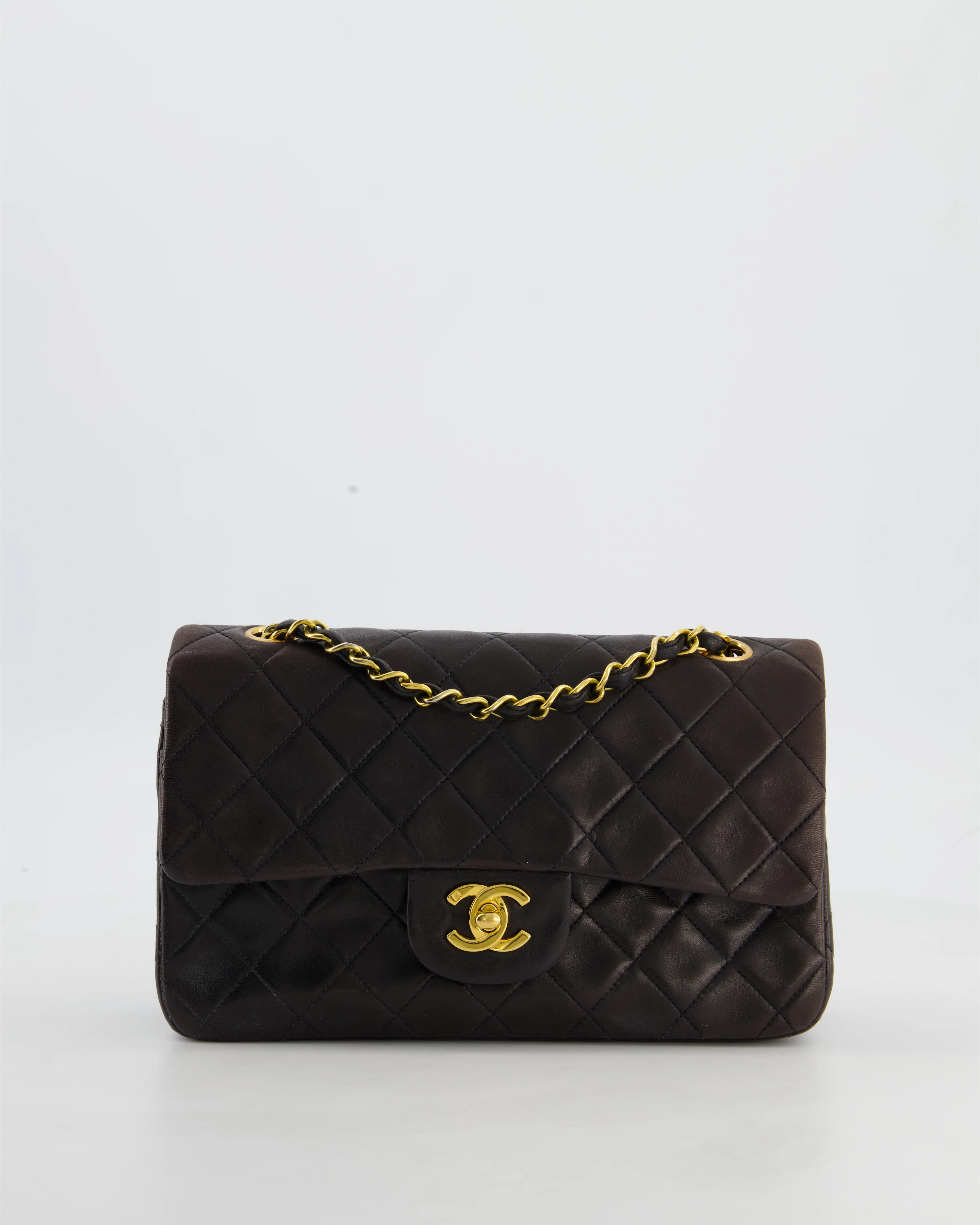 Chanel Vintage Espresso Brown Small Classic Double Flap Bag in Lambskin Leather with 24k Gold Hardware