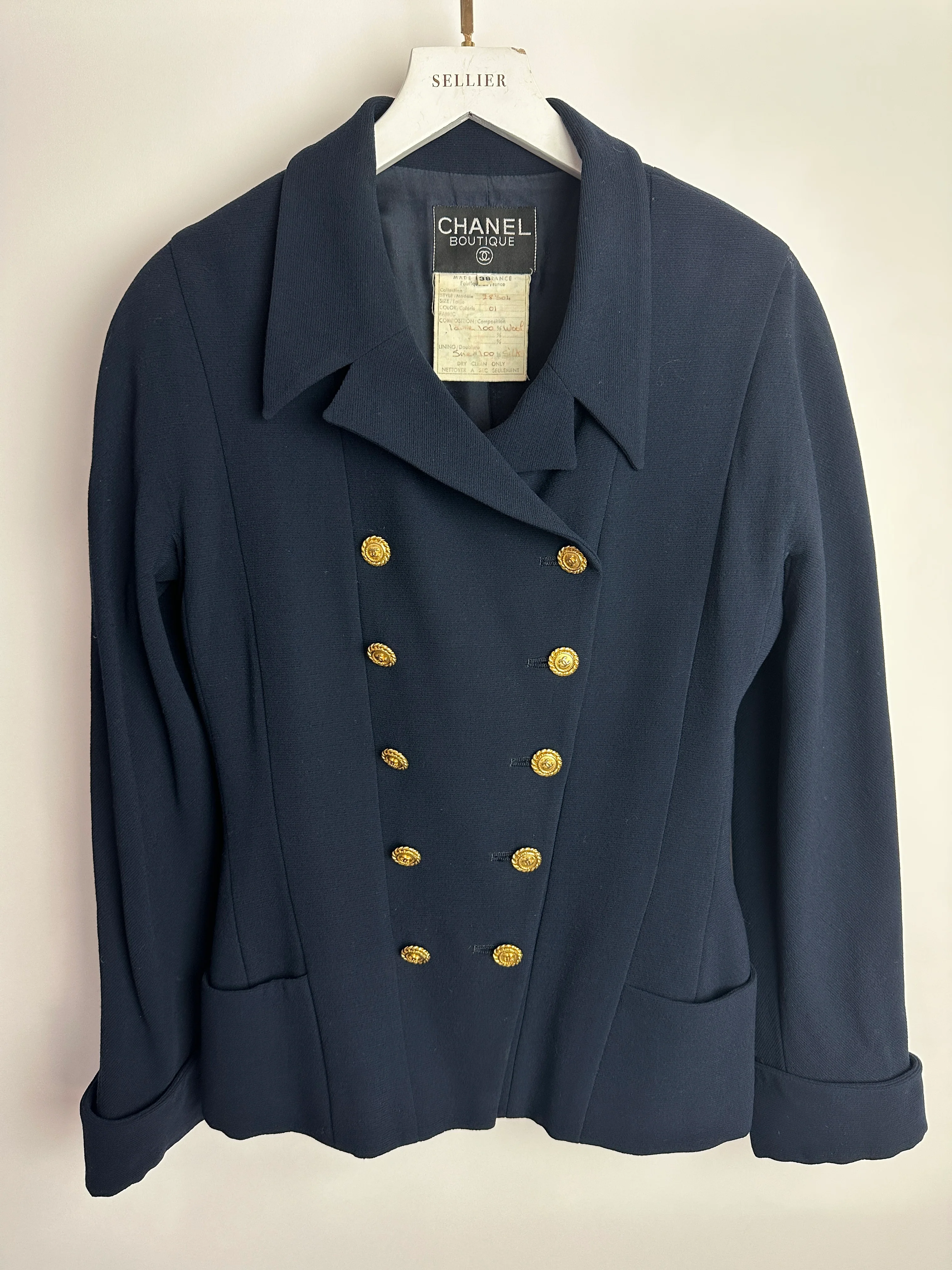 Chanel Vintage Navy Double Breasted Wool Blazer Jacket and Skirt Set with Gold CC Logo Button Detail FR 38 (UK 10) - Image 14
