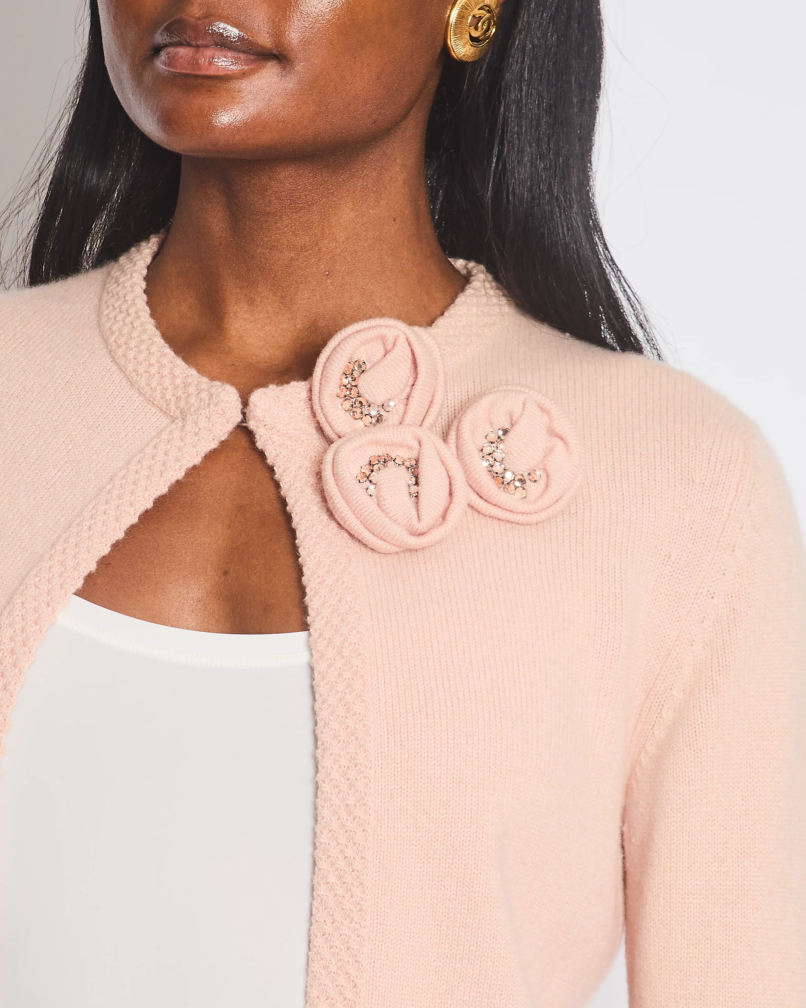 Chanel 05/S Vintage Pink Cashmere Cardigan with Floral Crystals Size FR 38 (UK 10) - Image 3