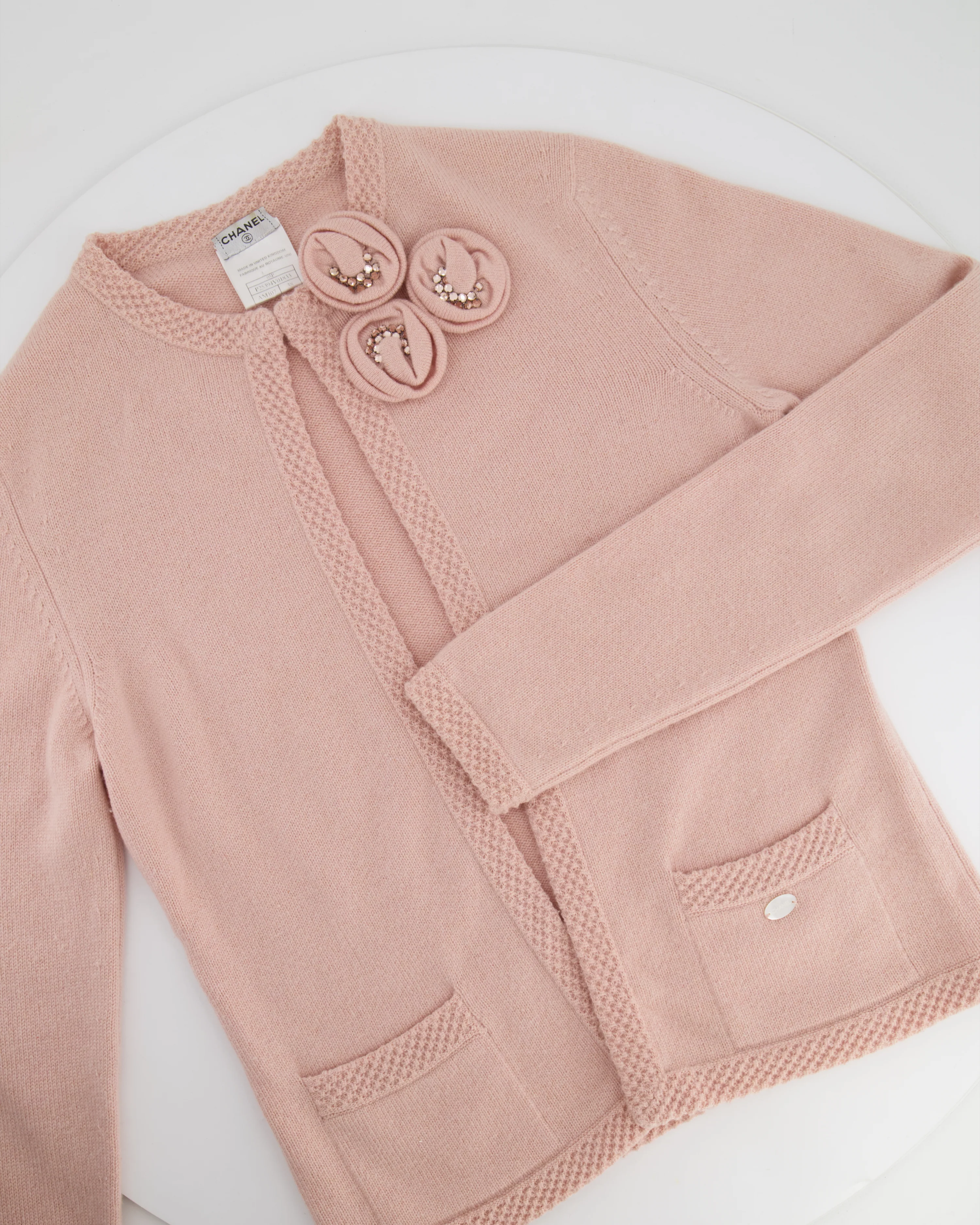 Chanel 05/S Vintage Pink Cashmere Cardigan with Floral Crystals Size FR 38 (UK 10) - Image 5