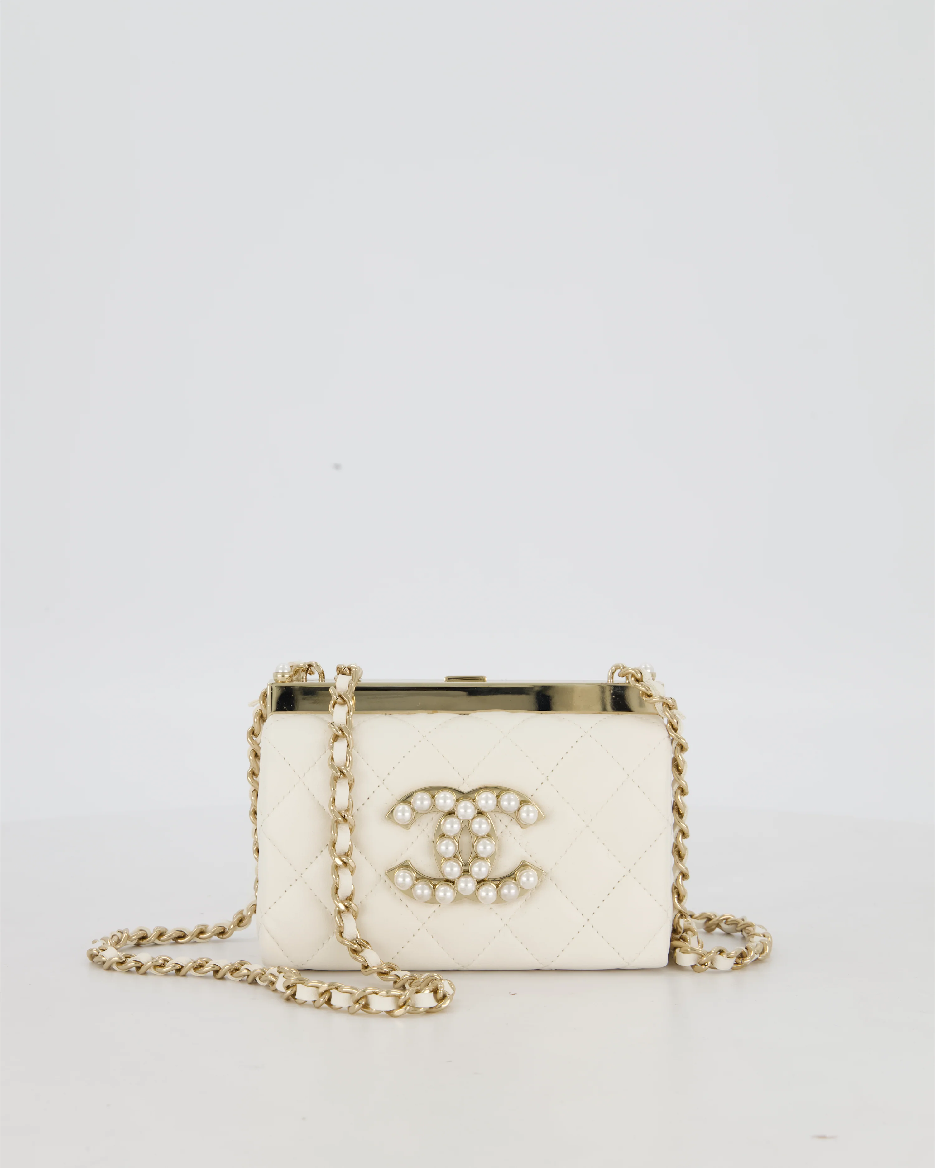 *HOT* Chanel White 2023 Métiers d'art Quilted Micro Bag in Lambskin Leather with Champagne Gold Hardware & Pearl CC Details