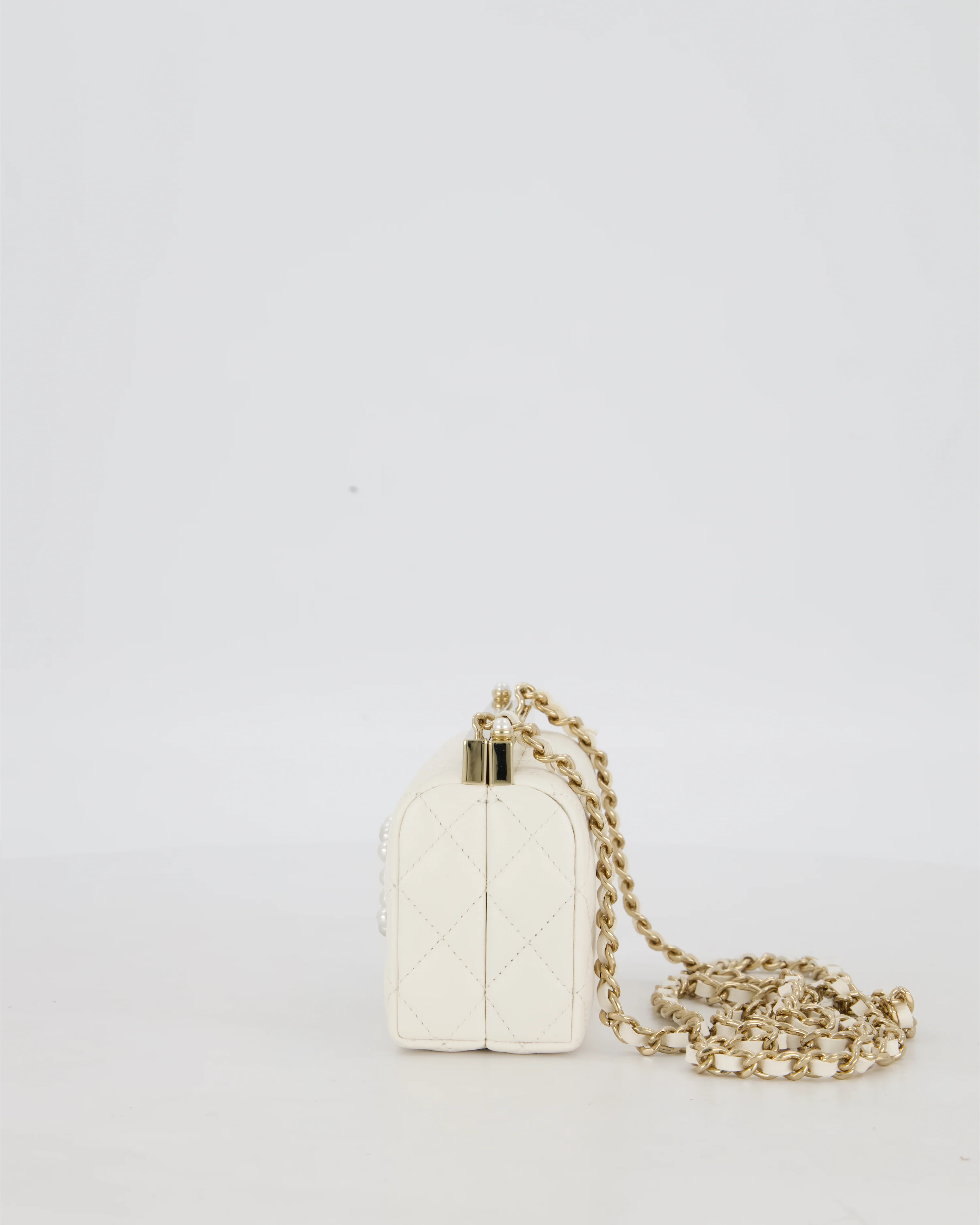 *HOT* Chanel White 2023 Métiers d'art Quilted Micro Bag in Lambskin Leather with Champagne Gold Hardware & Pearl CC Details - Image 10