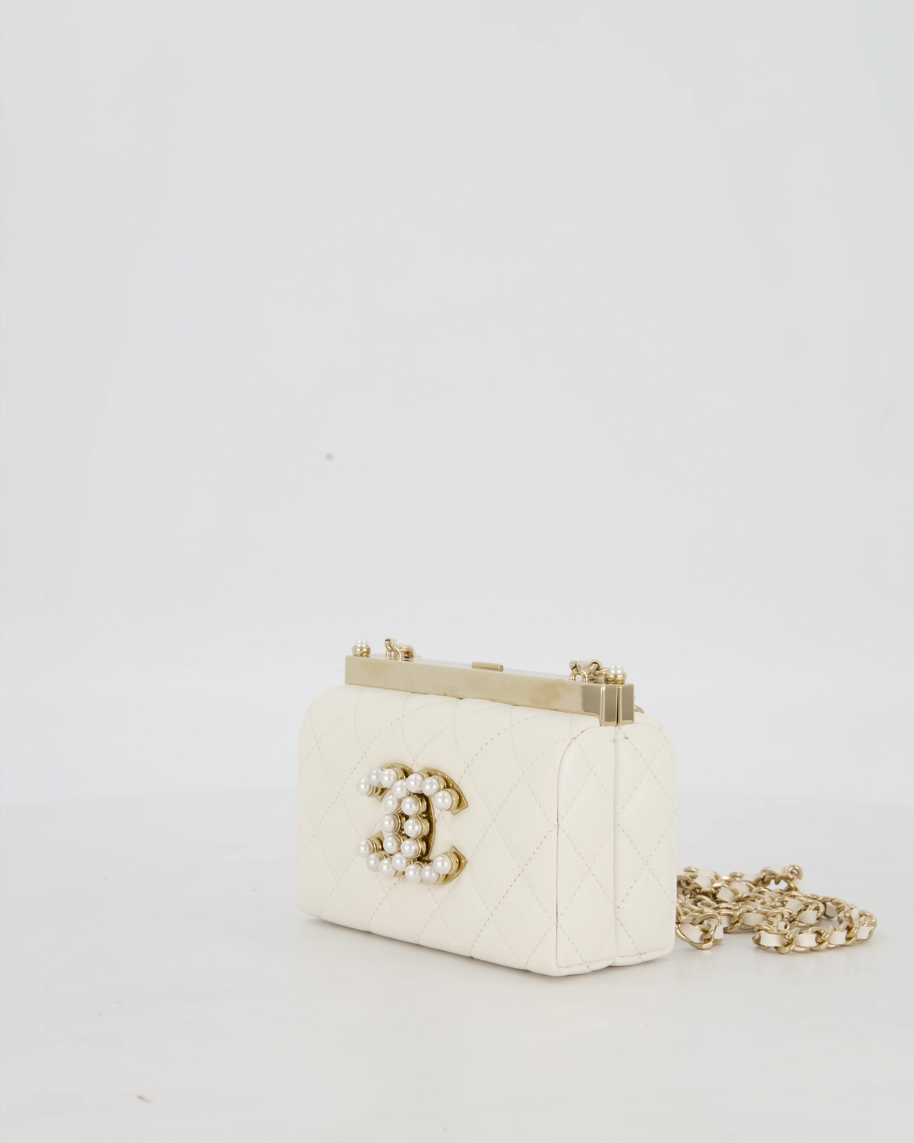 *HOT* Chanel White 2023 Métiers d'art Quilted Micro Bag in Lambskin Leather with Champagne Gold Hardware & Pearl CC Details - Image 11