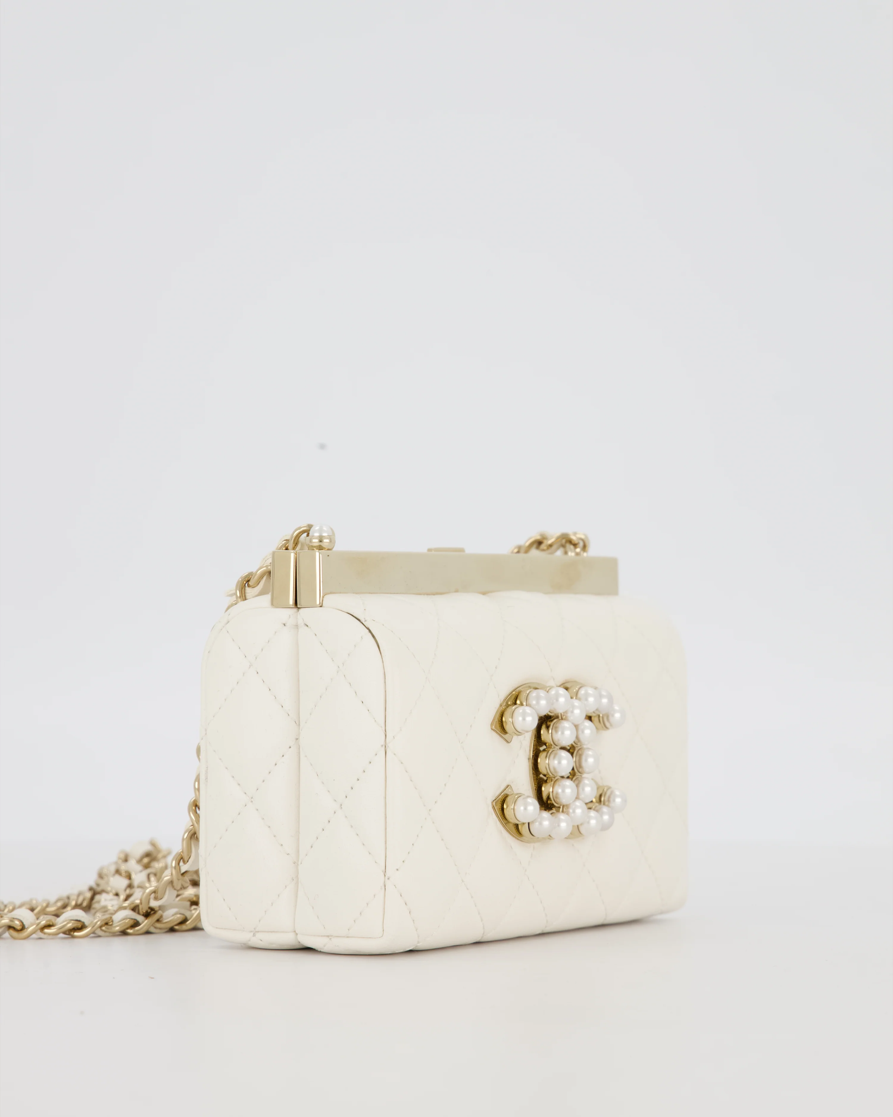 *HOT* Chanel White 2023 Métiers d'art Quilted Micro Bag in Lambskin Leather with Champagne Gold Hardware & Pearl CC Details - Image 12