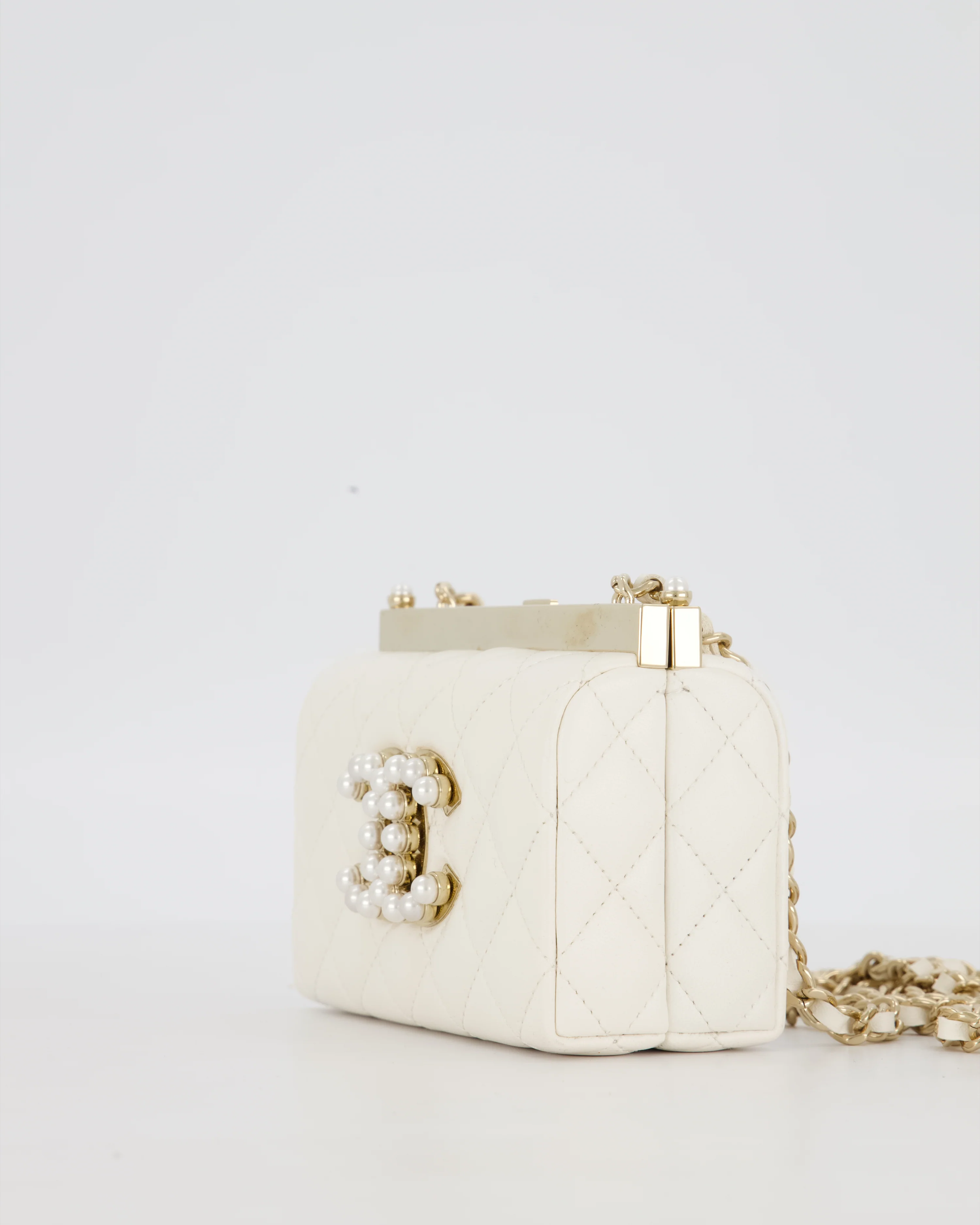 *HOT* Chanel White 2023 Métiers d'art Quilted Micro Bag in Lambskin Leather with Champagne Gold Hardware & Pearl CC Details - Image 13