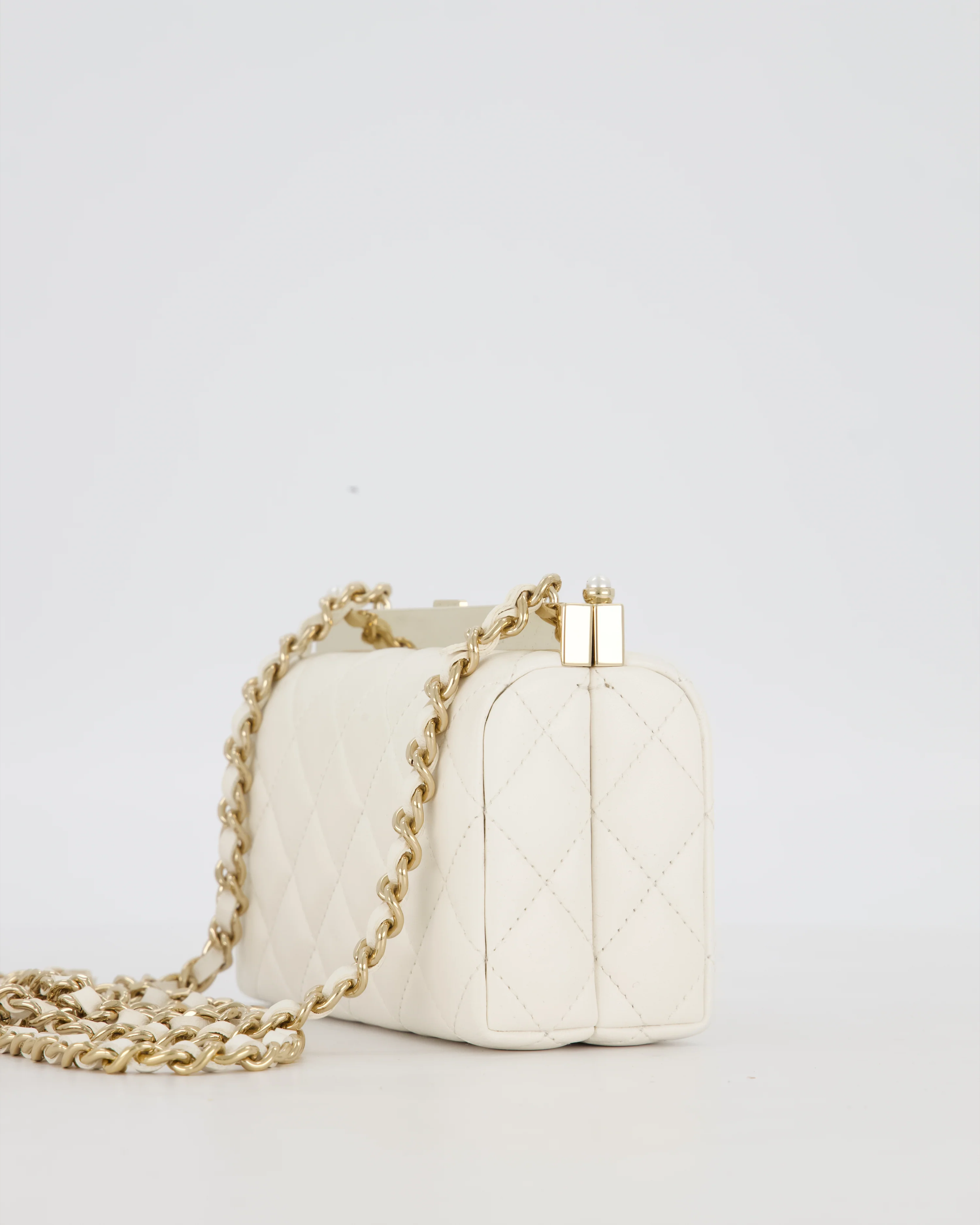 *HOT* Chanel White 2023 Métiers d'art Quilted Micro Bag in Lambskin Leather with Champagne Gold Hardware & Pearl CC Details - Image 14