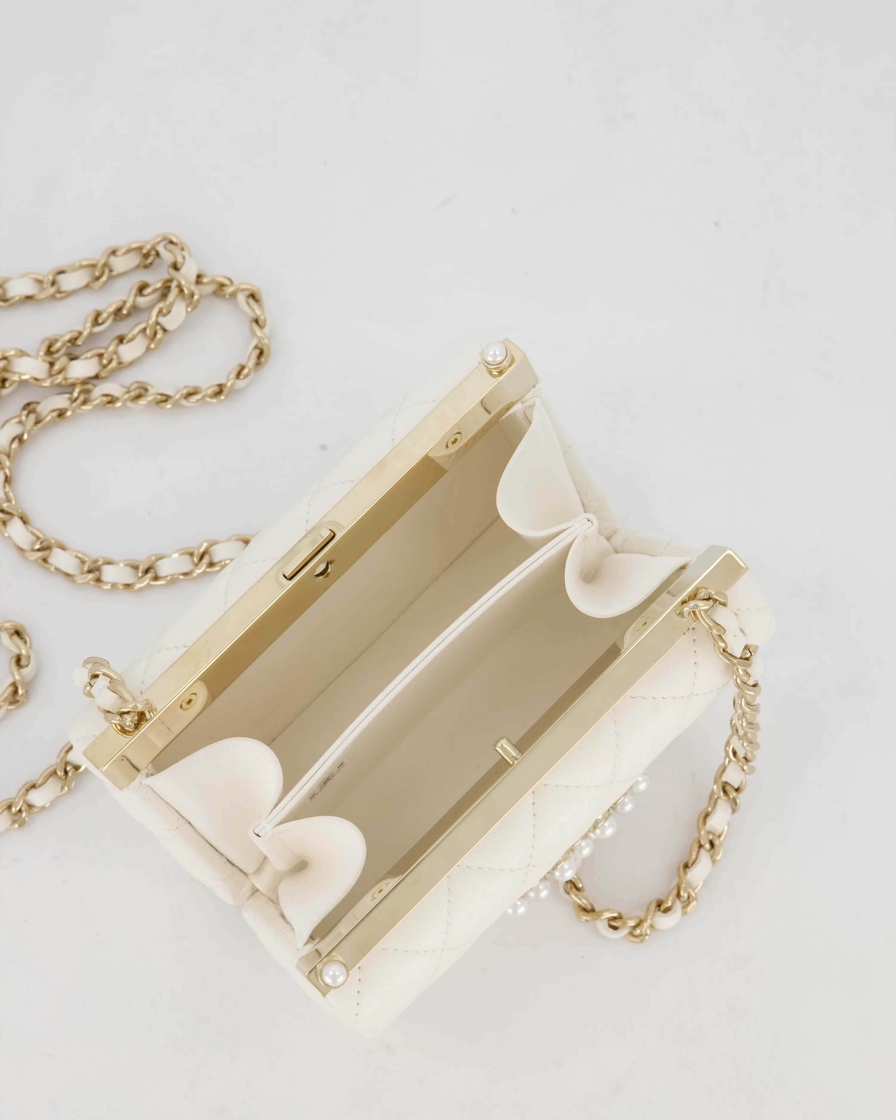 *HOT* Chanel White 2023 Métiers d'art Quilted Micro Bag in Lambskin Leather with Champagne Gold Hardware & Pearl CC Details - Image 18