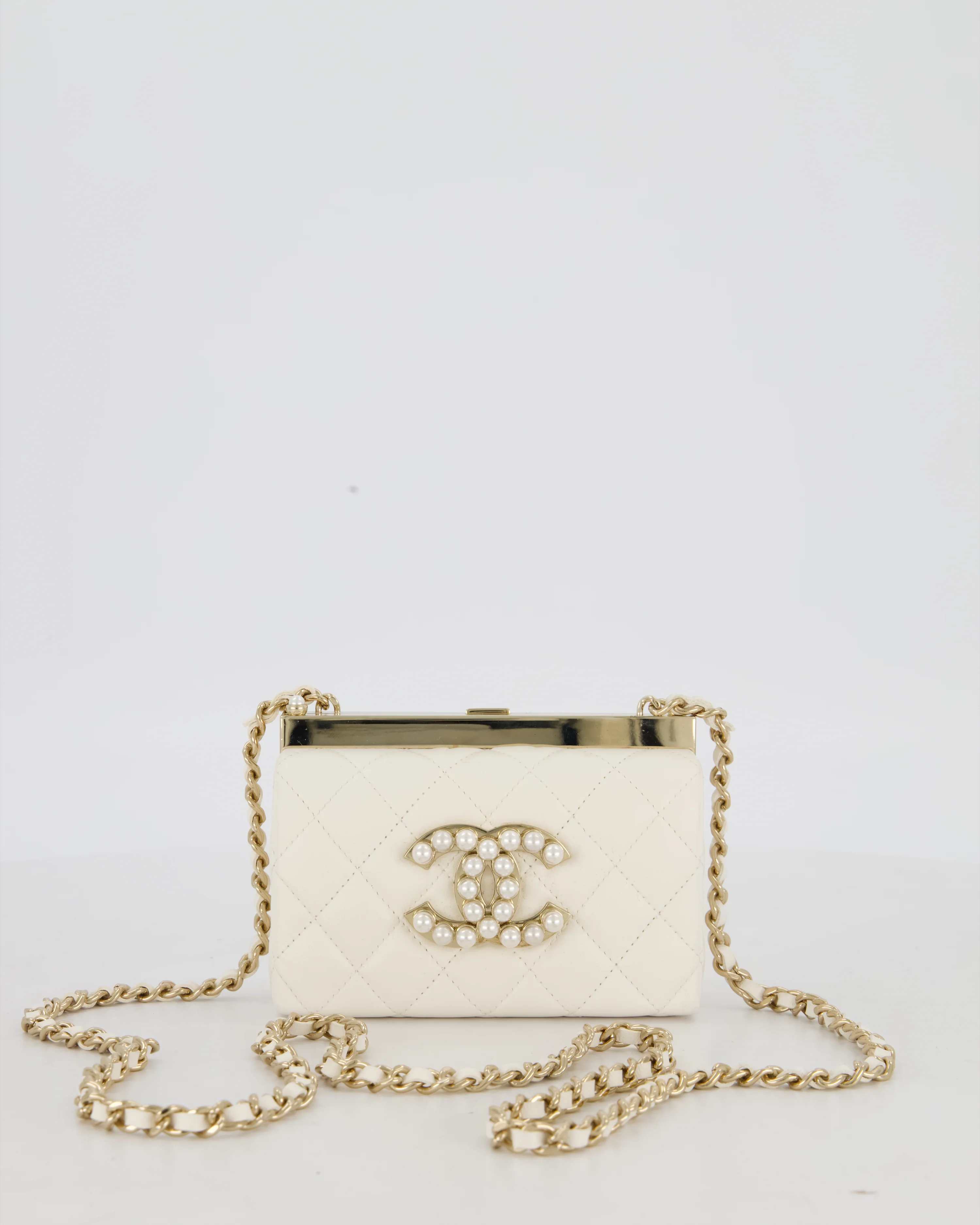 *HOT* Chanel White 2023 Métiers d'art Quilted Micro Bag in Lambskin Leather with Champagne Gold Hardware & Pearl CC Details - Image 2