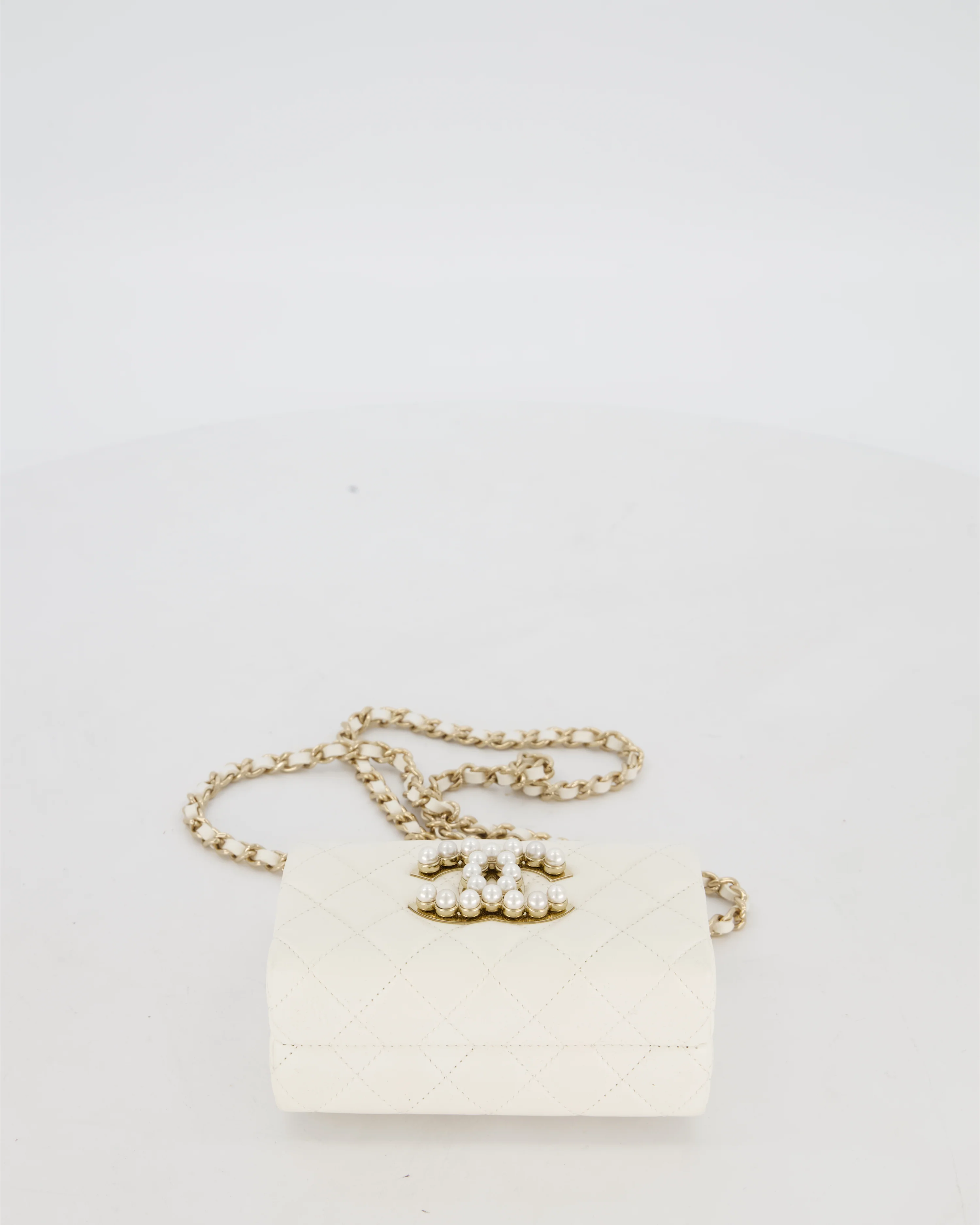*HOT* Chanel White 2023 Métiers d'art Quilted Micro Bag in Lambskin Leather with Champagne Gold Hardware & Pearl CC Details - Image 21