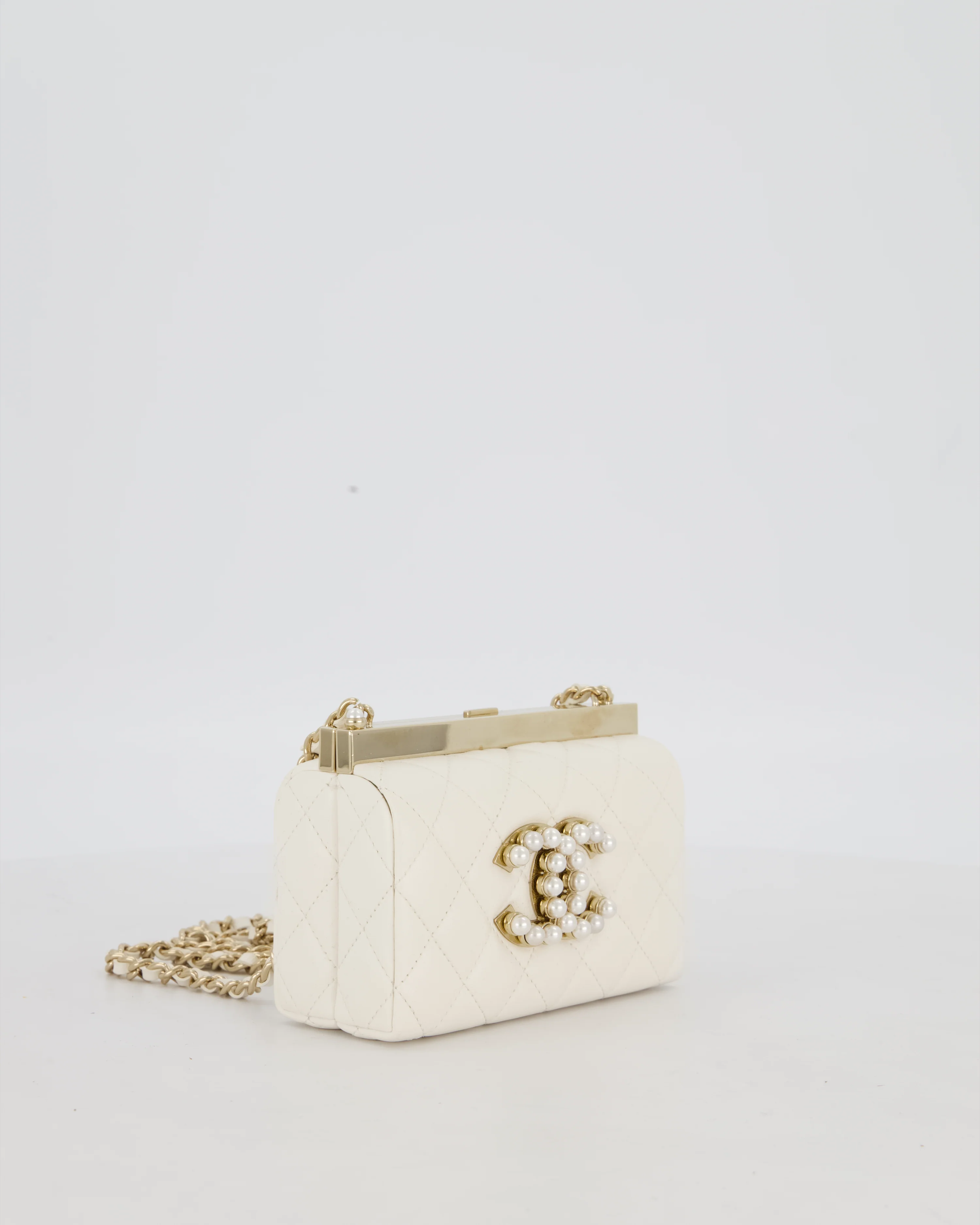 *HOT* Chanel White 2023 Métiers d'art Quilted Micro Bag in Lambskin Leather with Champagne Gold Hardware & Pearl CC Details - Image 5