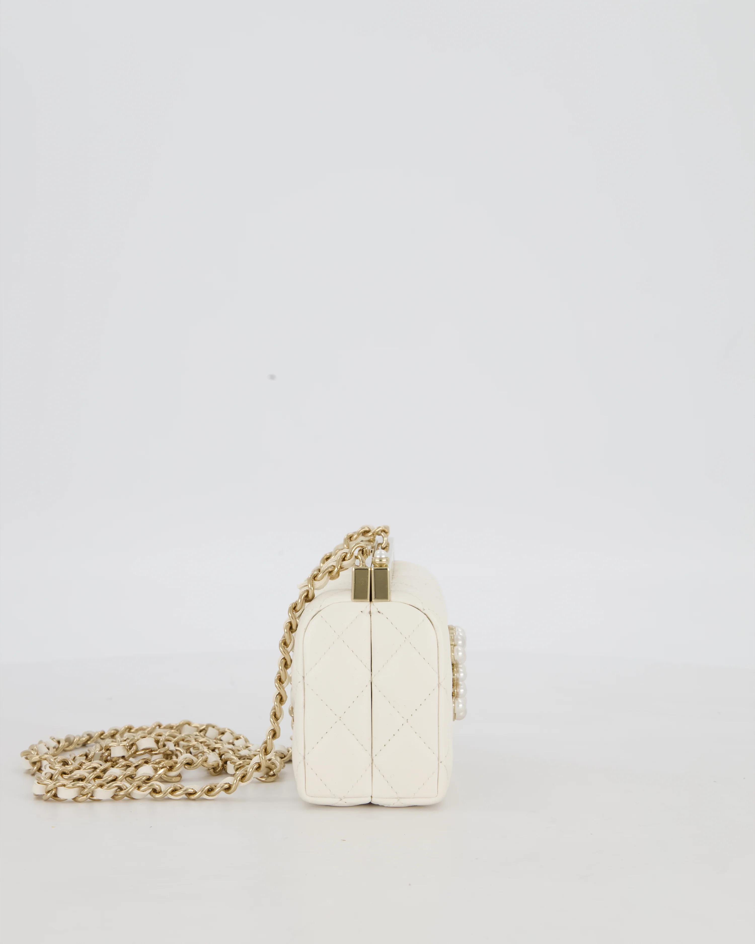 *HOT* Chanel White 2023 Métiers d'art Quilted Micro Bag in Lambskin Leather with Champagne Gold Hardware & Pearl CC Details - Image 6