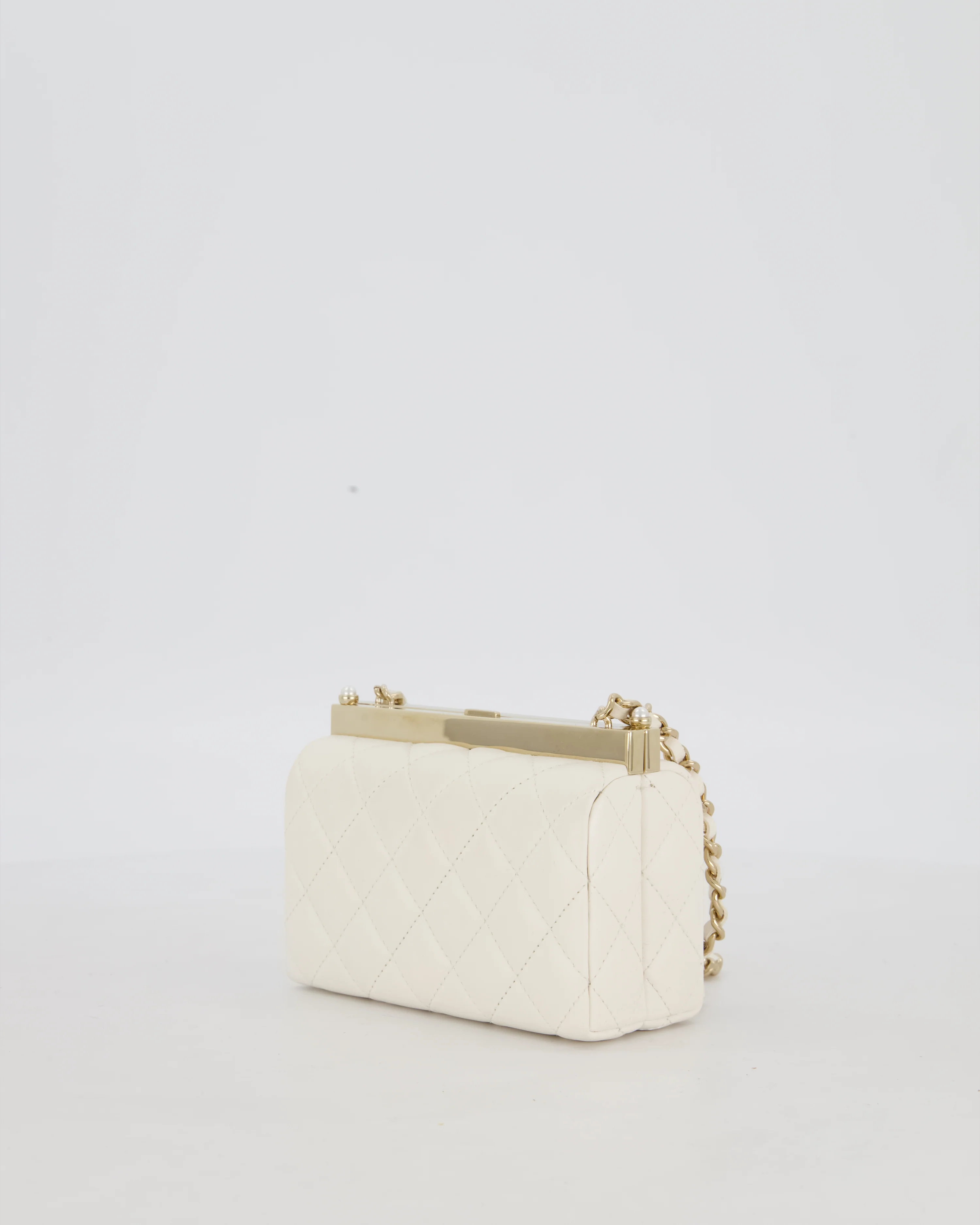 *HOT* Chanel White 2023 Métiers d'art Quilted Micro Bag in Lambskin Leather with Champagne Gold Hardware & Pearl CC Details - Image 7