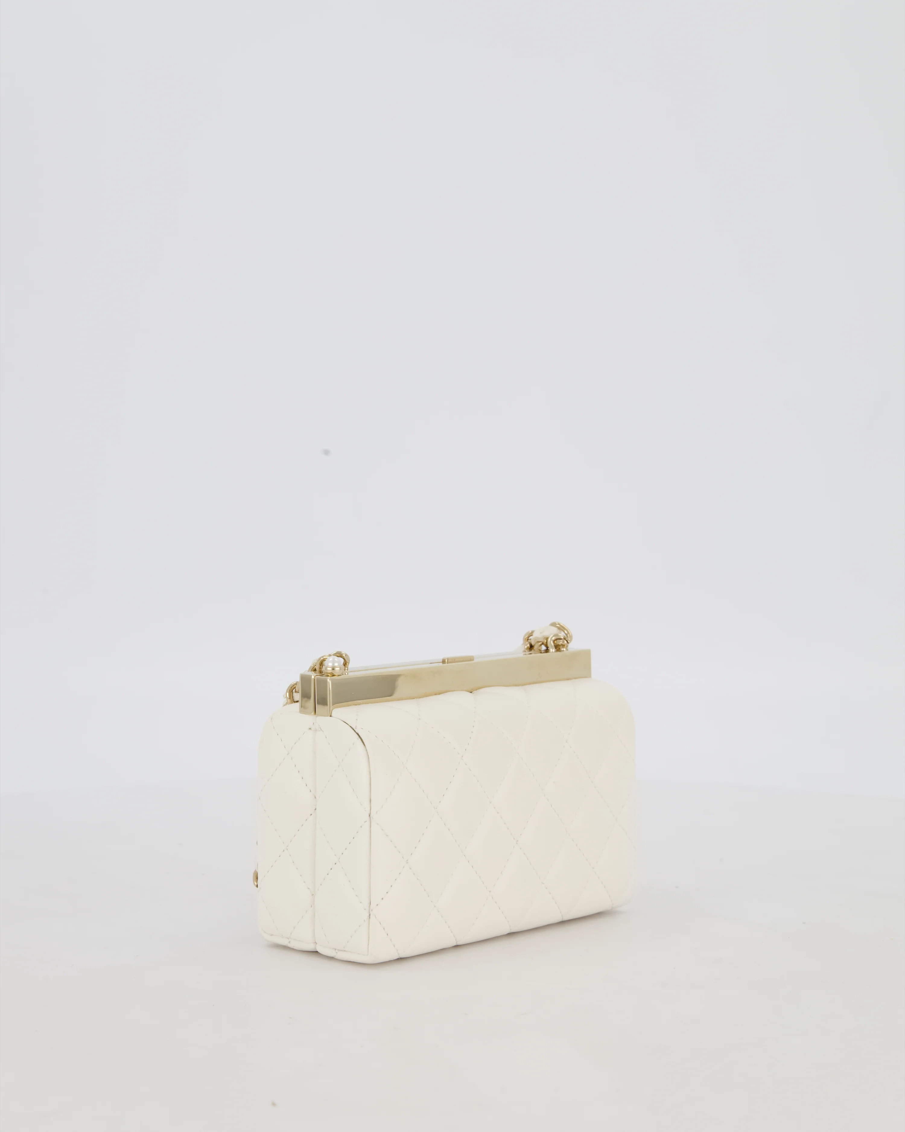 *HOT* Chanel White 2023 Métiers d'art Quilted Micro Bag in Lambskin Leather with Champagne Gold Hardware & Pearl CC Details - Image 9