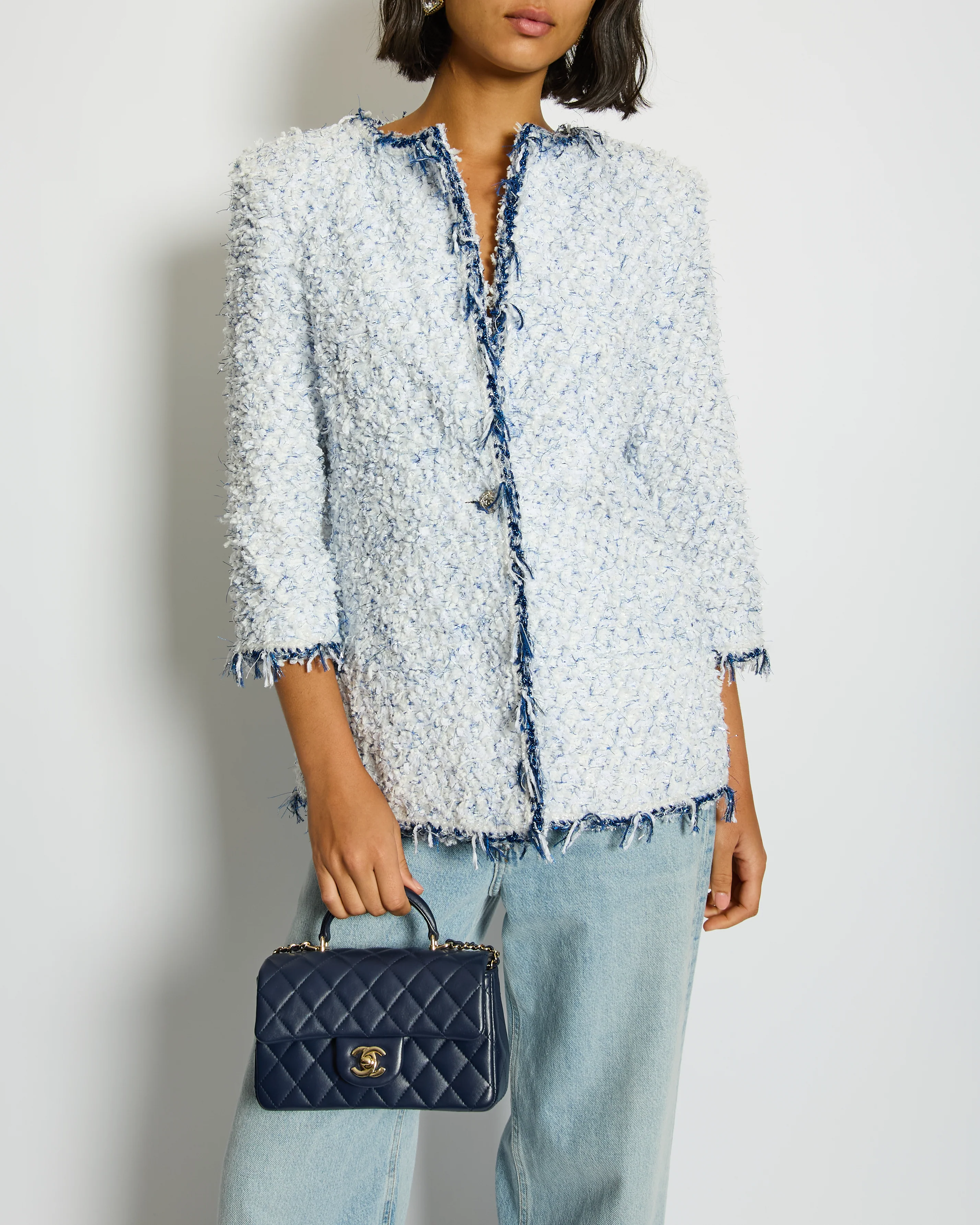 Chanel SS18 White and Blue Fantasy Tweed Jacket with Silver CC Logo Button Detail Size FR 38 (UK 10) RRP £5,100