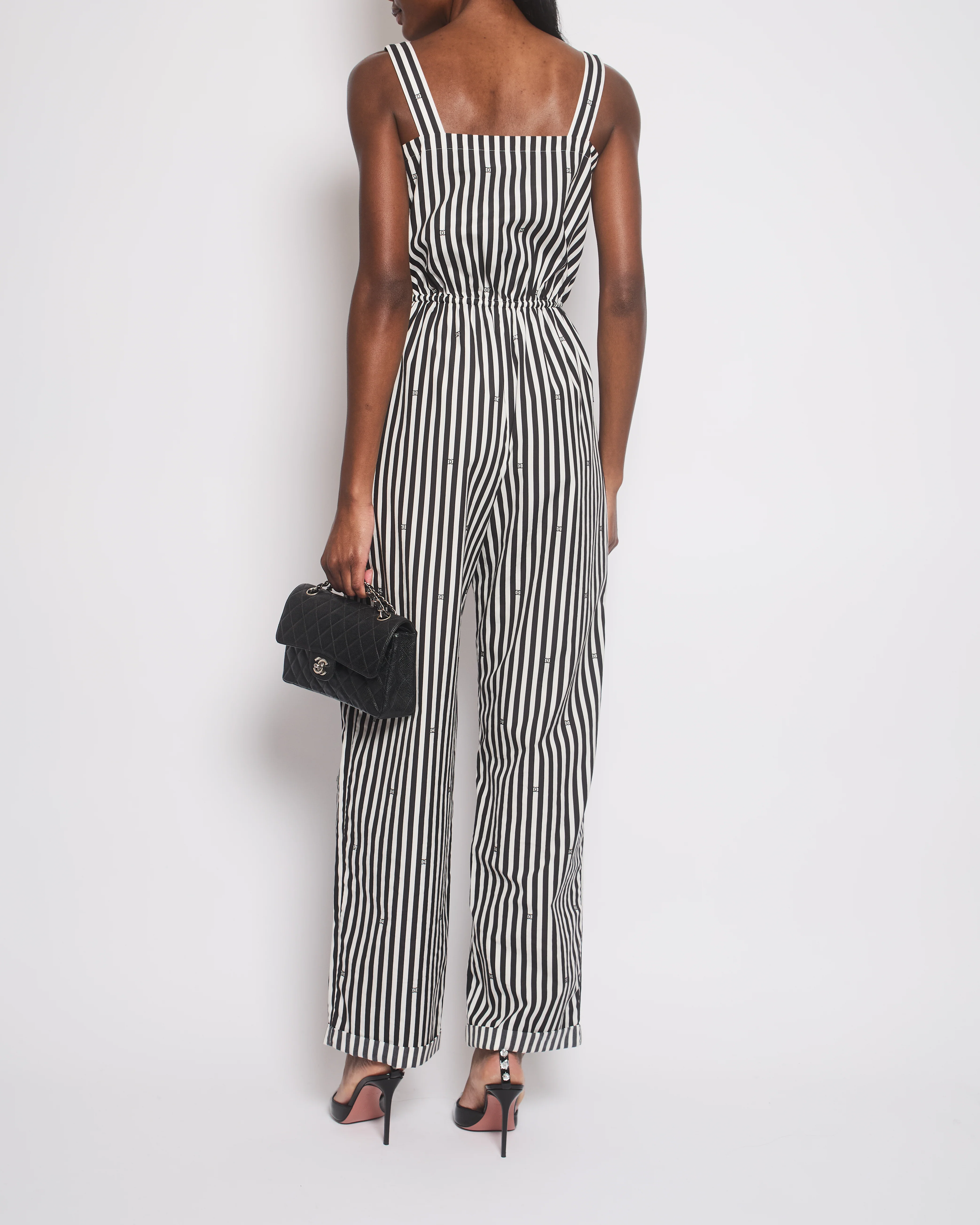 Chanel 24M White and Black Striped Jumpsuit with Crystal CC Logos and Adjustable Straps Size FR36 (UK 8) - Image 3