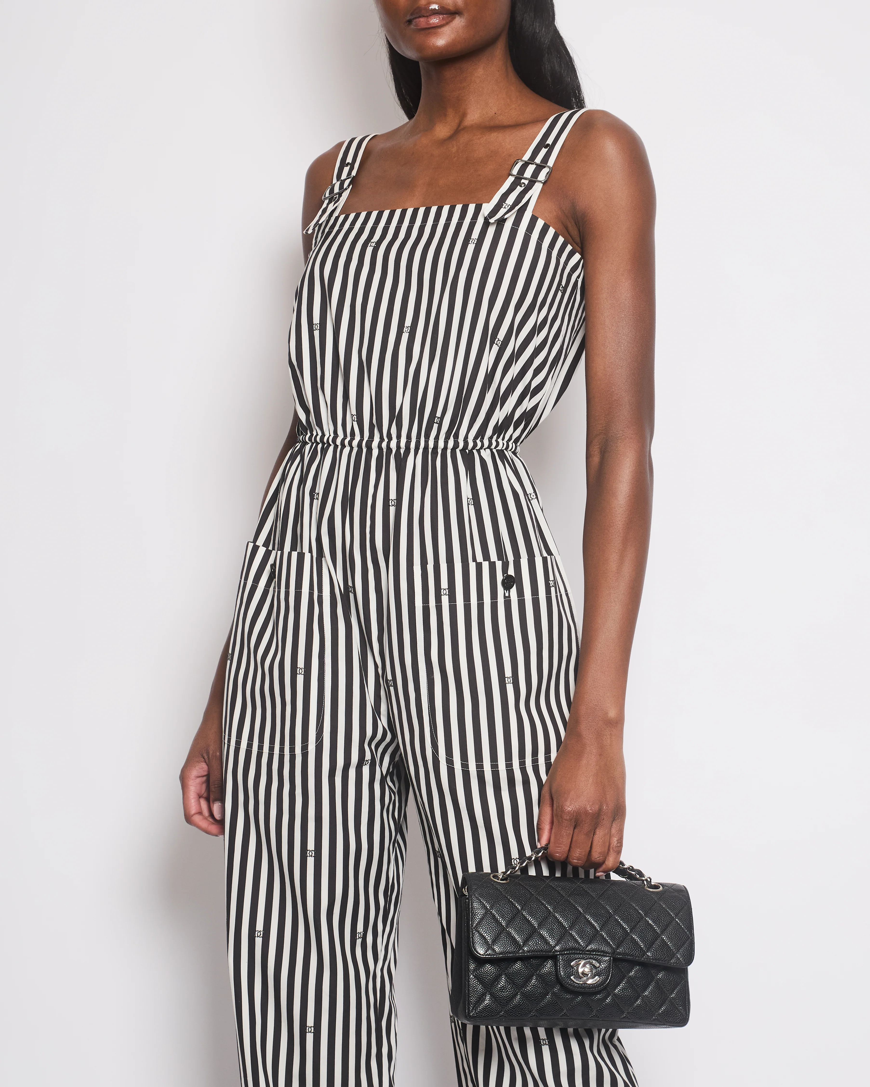 Chanel 24M White and Black Striped Jumpsuit with Crystal CC Logos and Adjustable Straps Size FR36 (UK 8) - Image 5