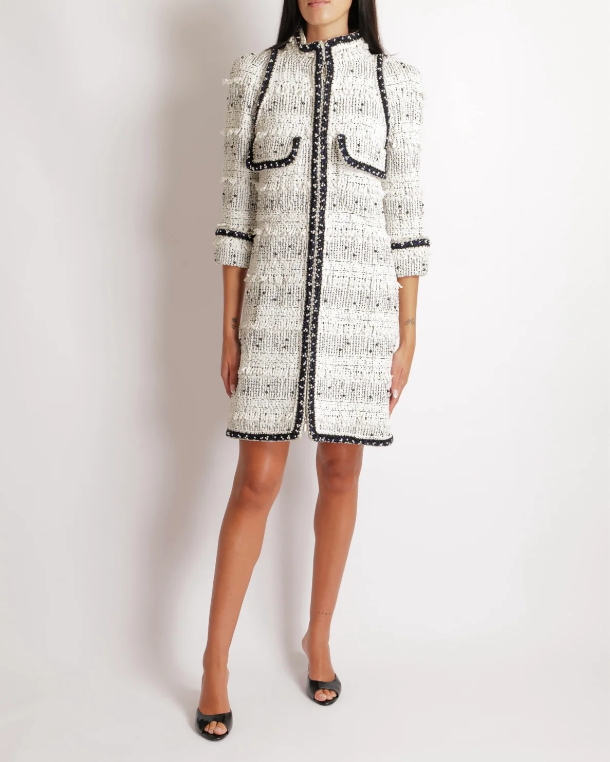 Chanel Fall 2017 White and Black Tweed Long Jacket with Black and White Pearl Embellishments and Front Pocket Details Size FR 36 (UK 8)