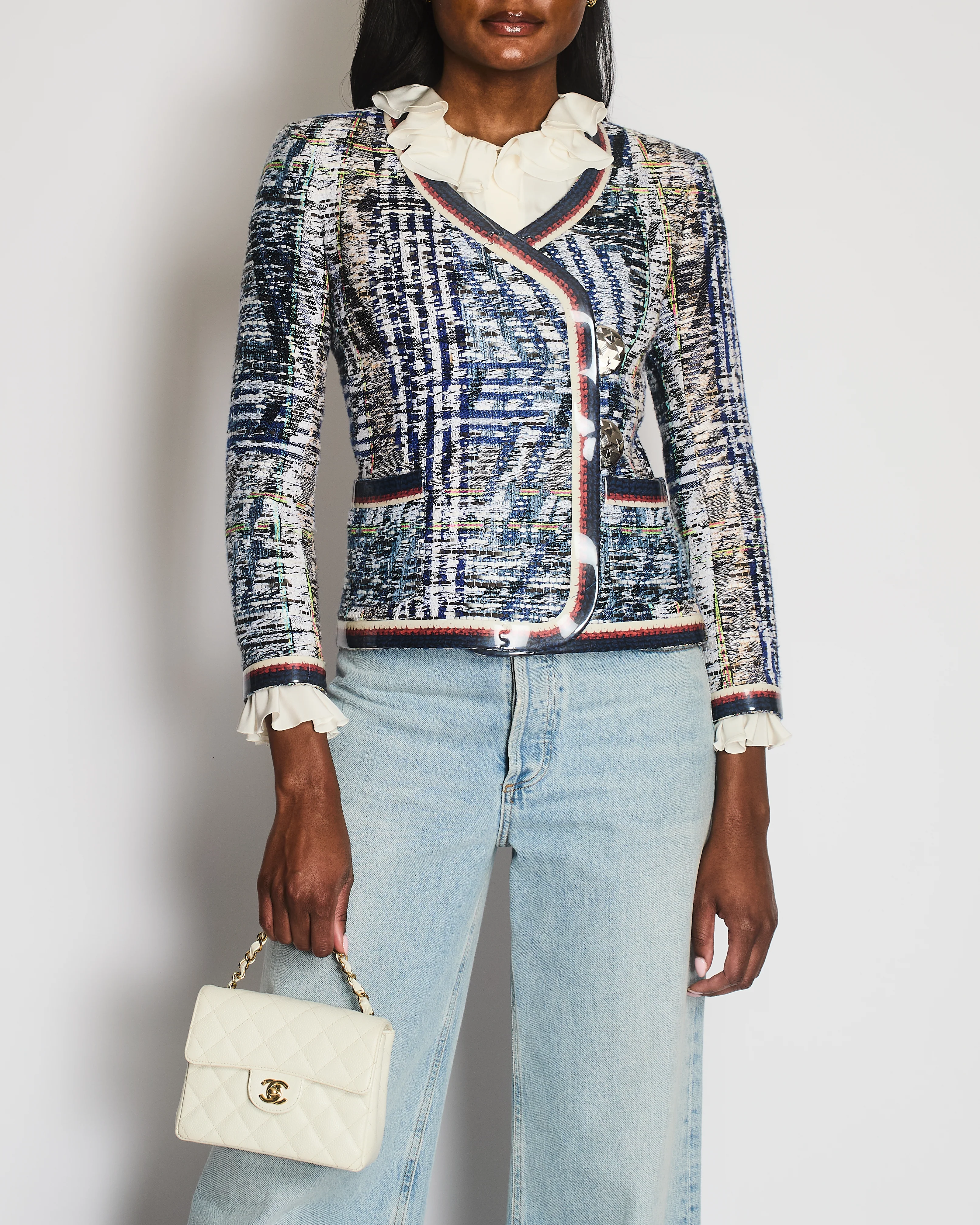 Chanel Spring 2016 White and Blue Vintage Tweed Jacket with Silver CC Logo Buttons Size FR 34 (UK 6)