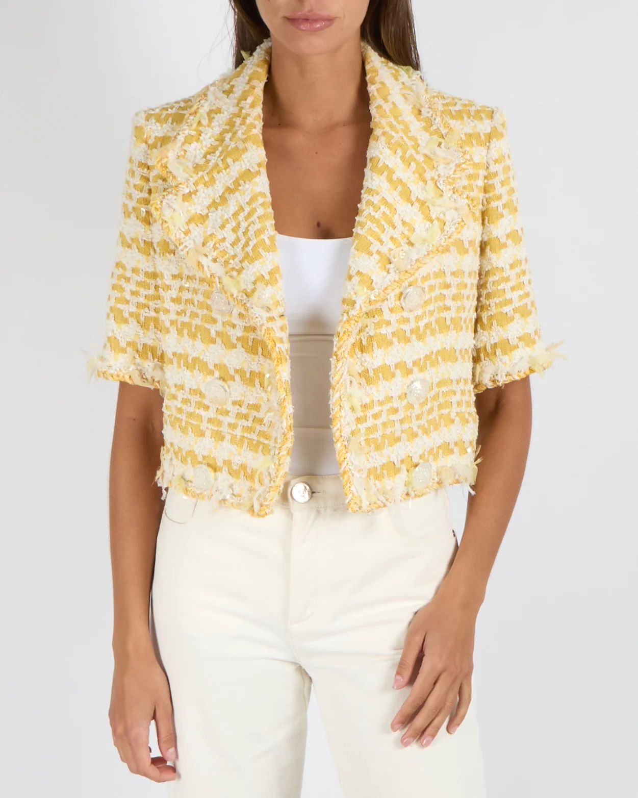 Chanel Spring 2018 White and Yellow Tweed Cropped Double-Breasted Jacket with Transparent CC Logo Buttons Size FR 38 (UK 10)