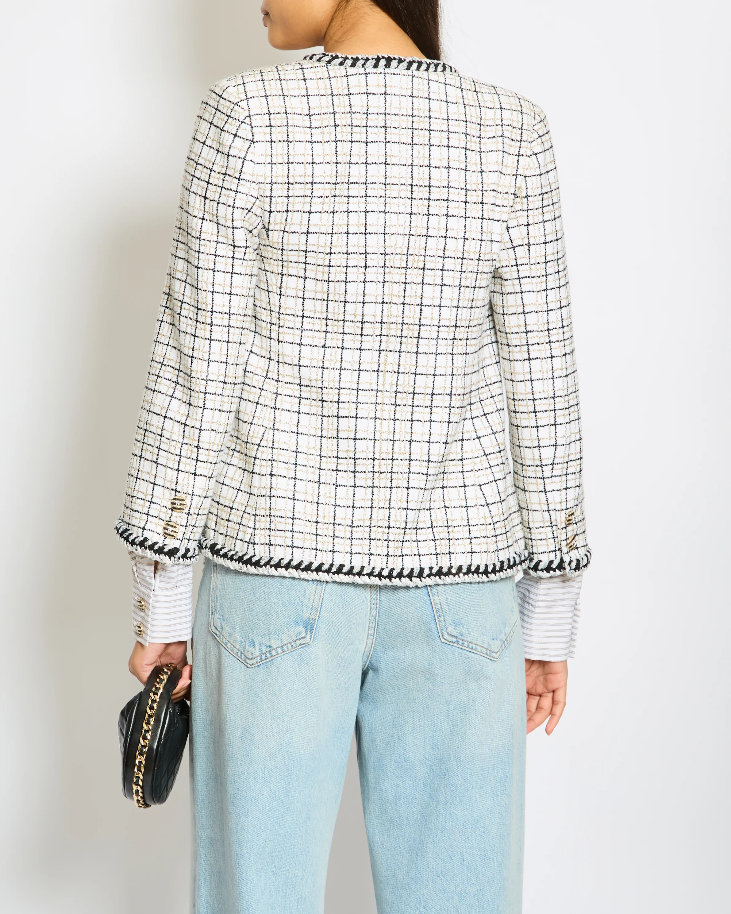 Chanel 24/C White, Black, Gold Check Tweed Jacket with Silver Black Trim Detail CC Button Size FR 36 (UK 8) - Image 2